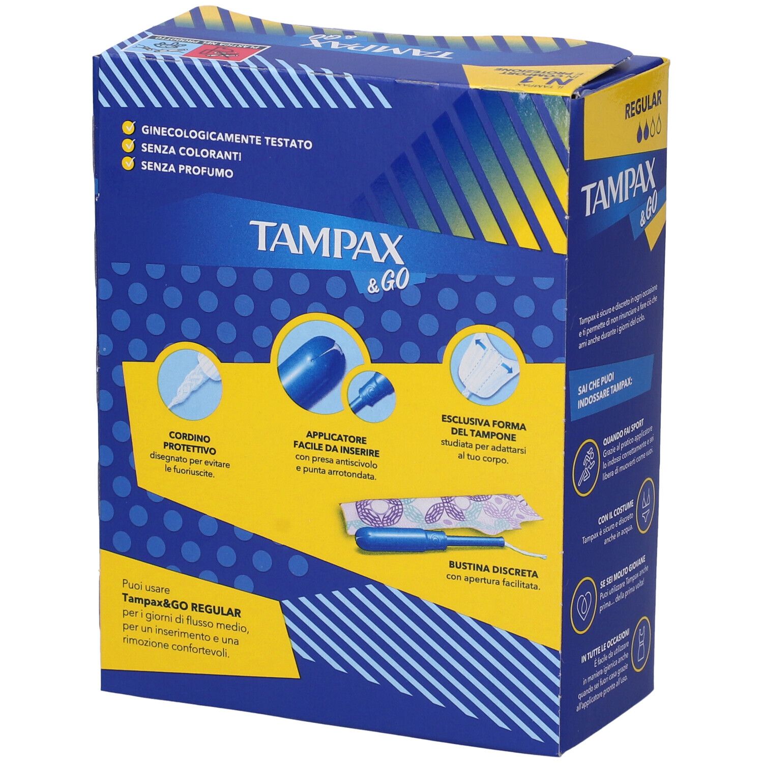 TAMPAX & Go Regular Tamponi. Confezione da 18 tamponi. Scatola blu con illustrazioni e nome del prodotto.