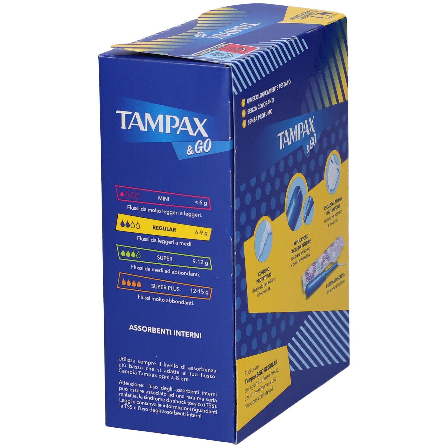 TAMPAX & Go Regular Tamponi. Confezione da 18 tamponi. Scatola blu con informazioni e nome del prodotto.