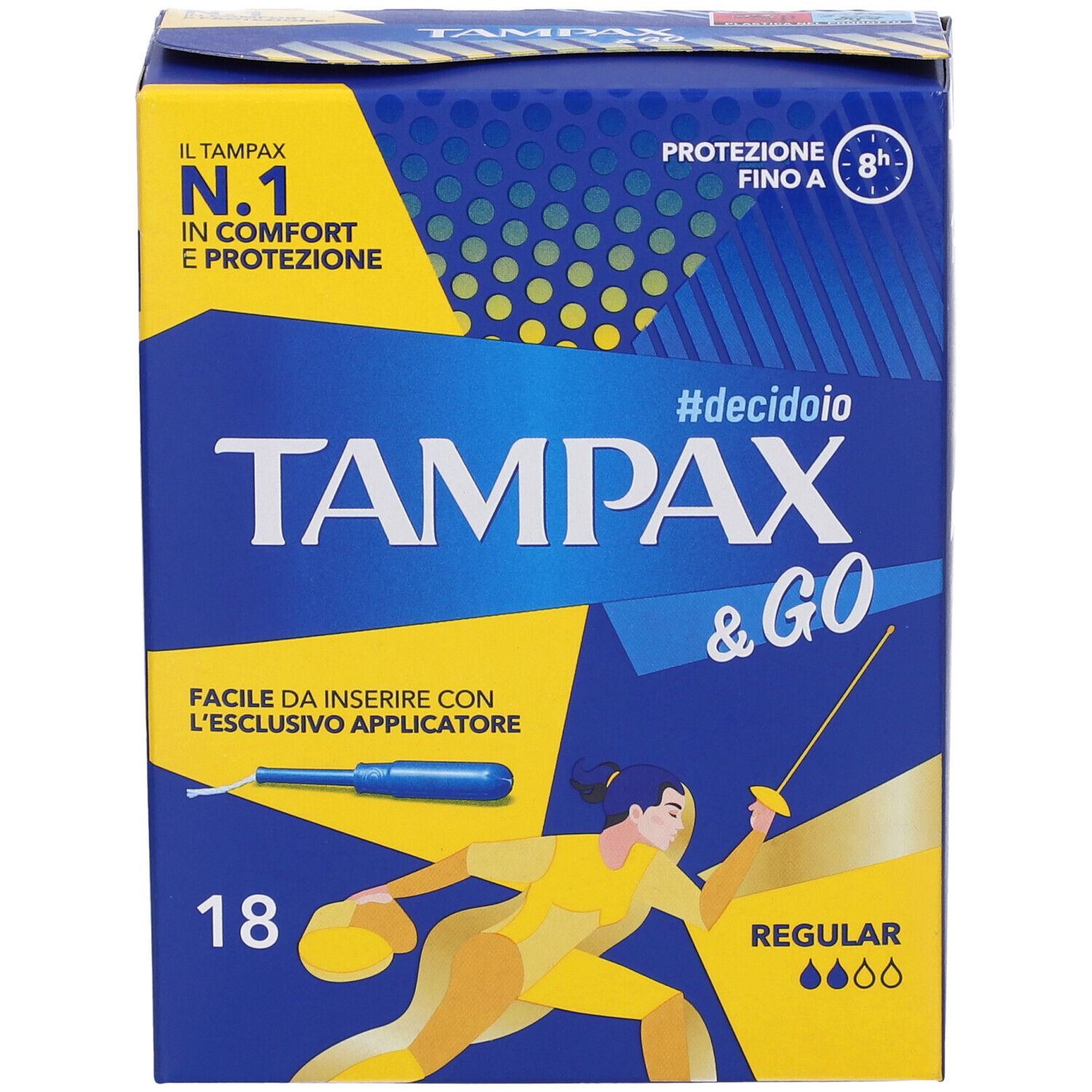 TAMPAX & Go Regular Tamponi. Confezione da 18 tamponi. Scatola blu con nome e logo, donna in posizione di scherma.
