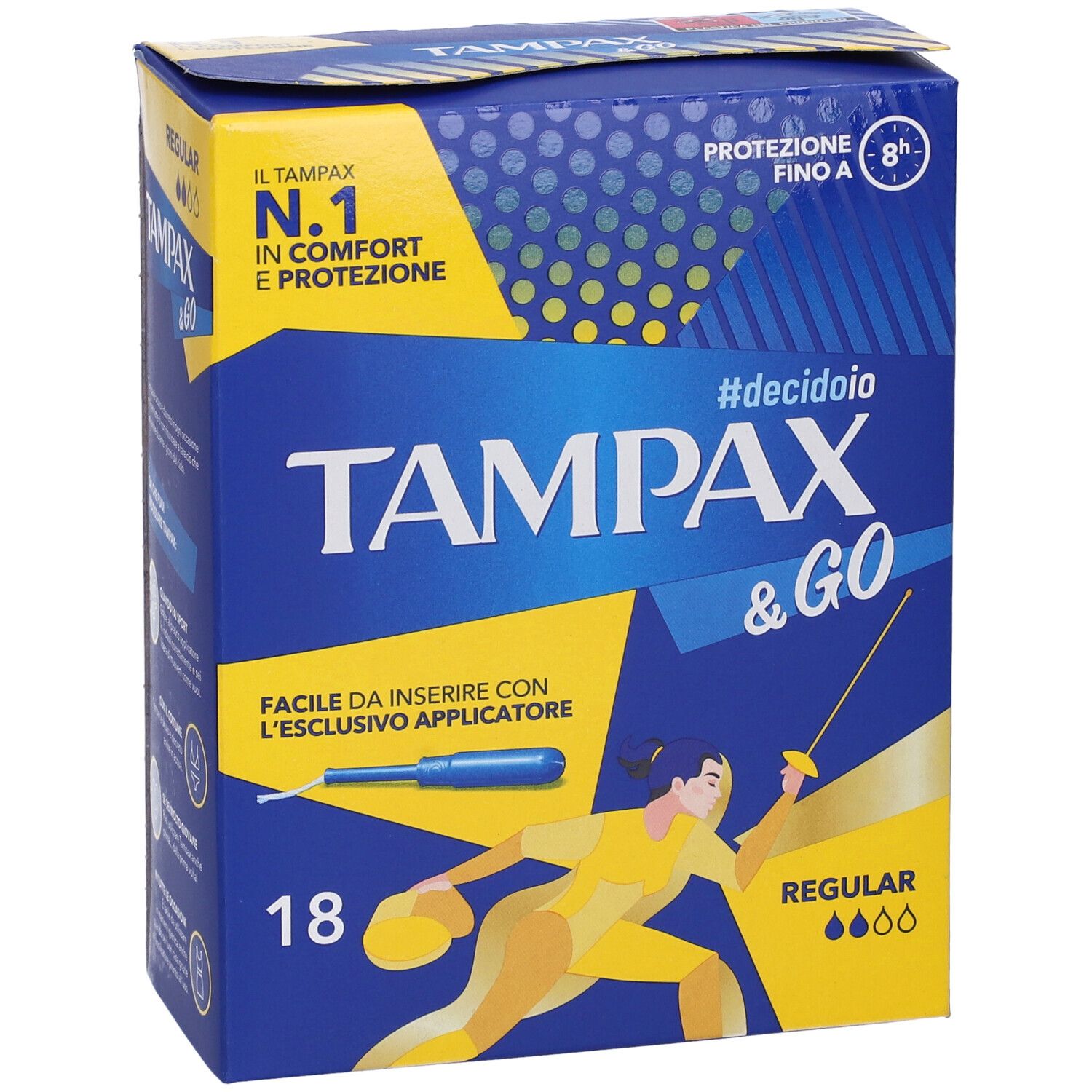 TAMPAX & Go Regular Tamponi. Confezione da 18 tamponi. Scatola blu con nome e logo, donna in posizione di scherma.