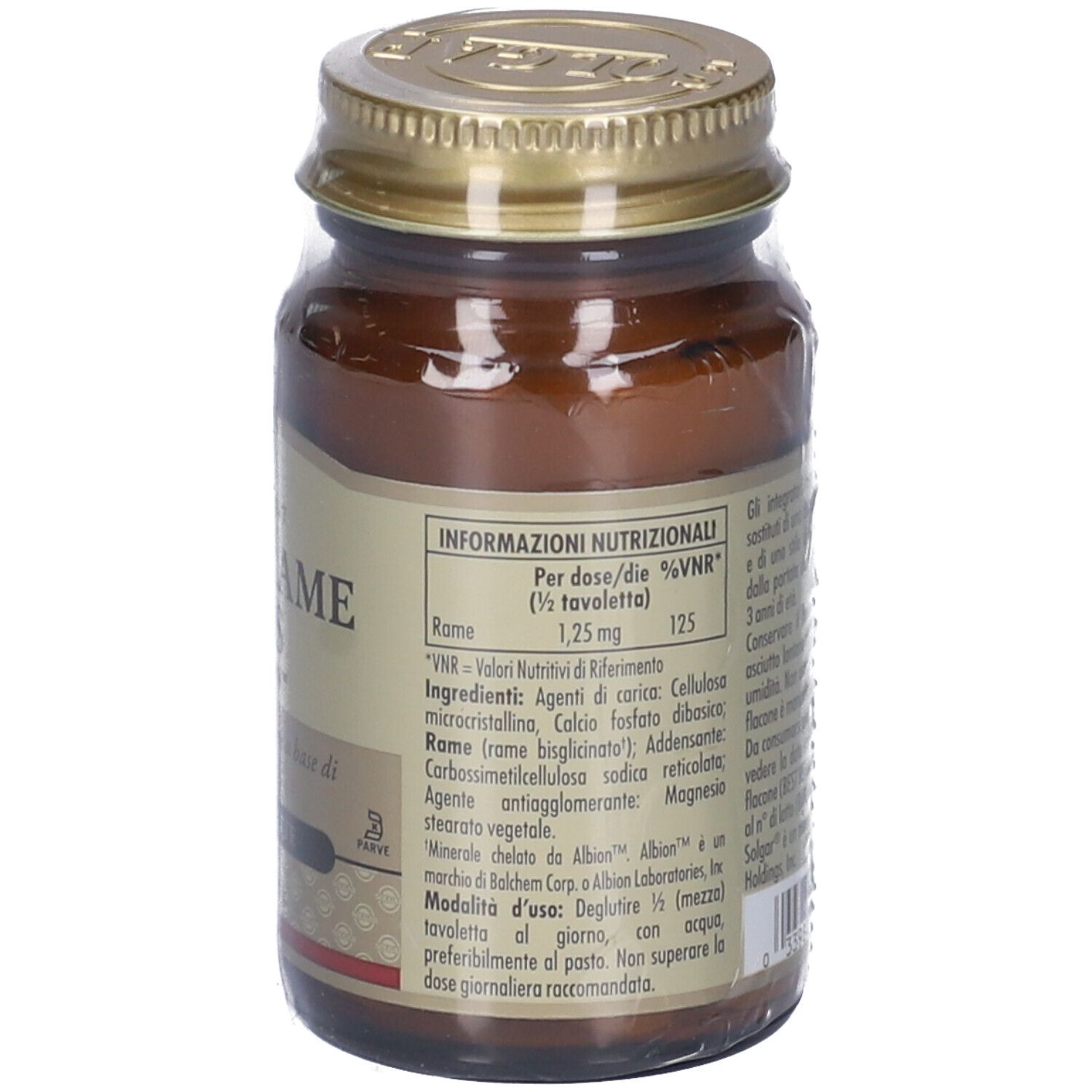 Flacone di vetro marrone con tappo dorato. Etichetta con informazioni nutrizionali e marchio Solgar. Testo in italiano.
