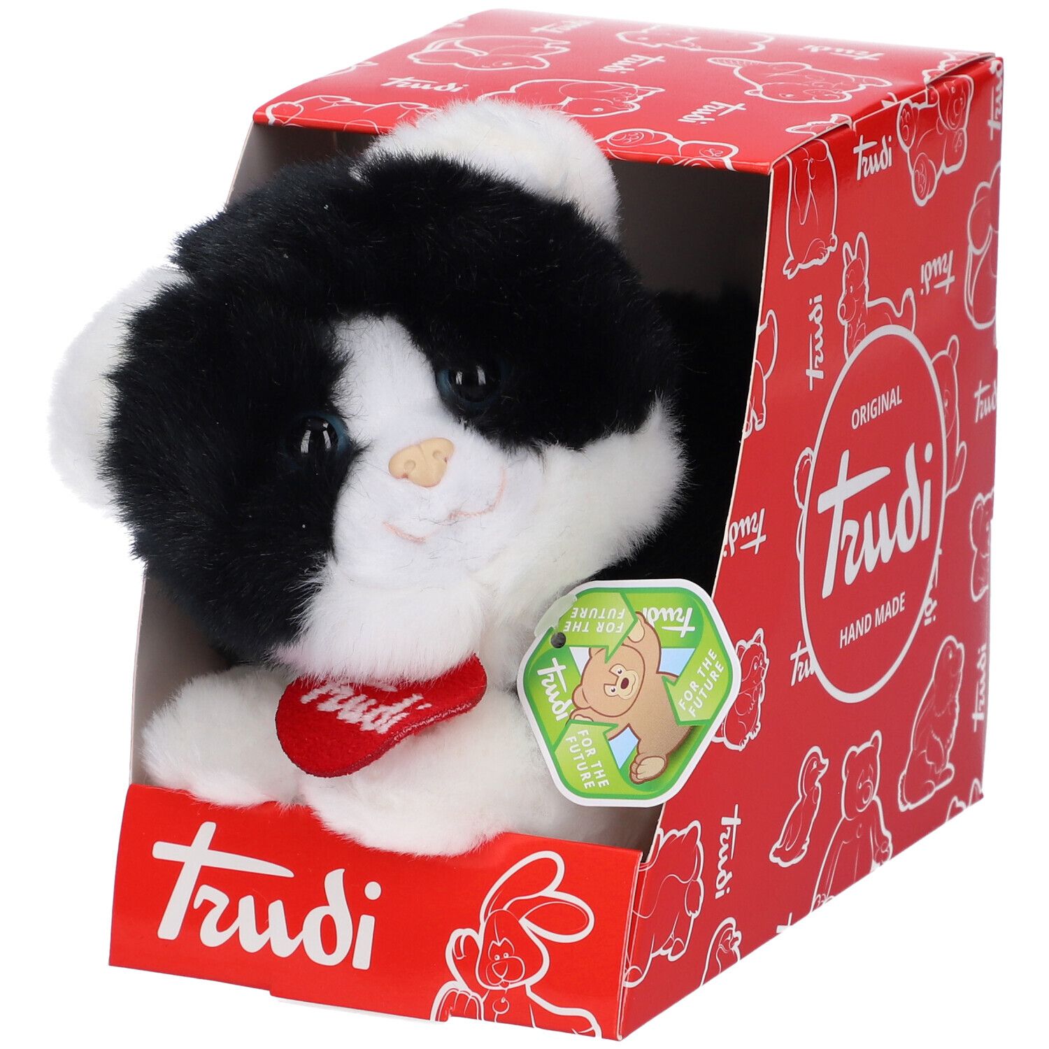 Gatto di peluche in scatola rossa. Pelliccia bianca e nera, collare rosso con scritta. Confezione con logo Trudi.