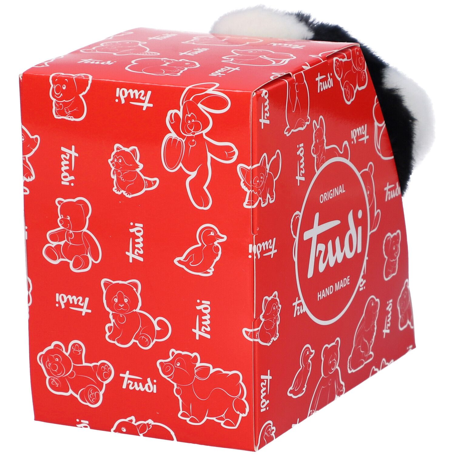 Scatola rossa con logo Trudi e disegni di animali. Gatto con pelliccia bianca e nera che guarda fuori.