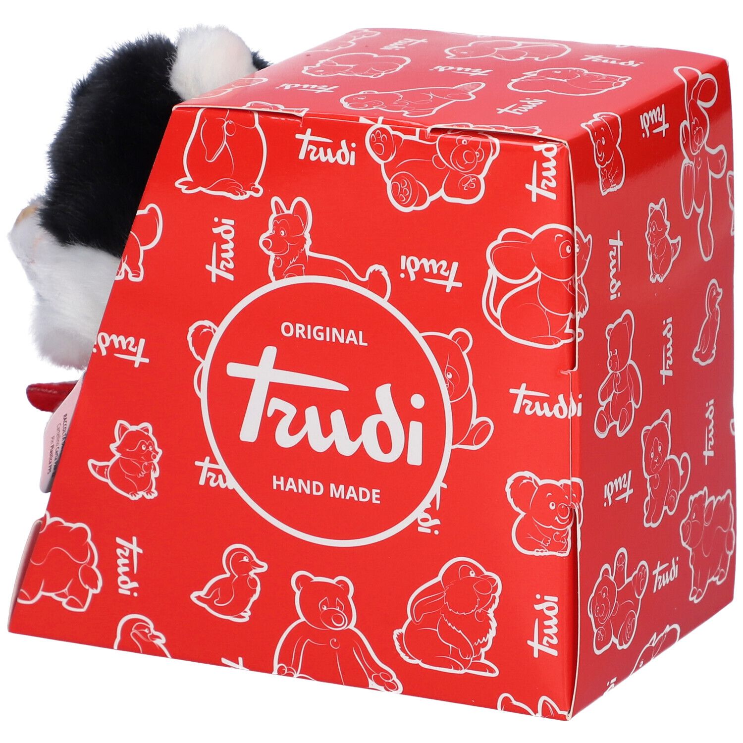 Scatola rossa con logo Trudi e disegni di animali. Gatto con pelliccia bianca e nera che guarda fuori.