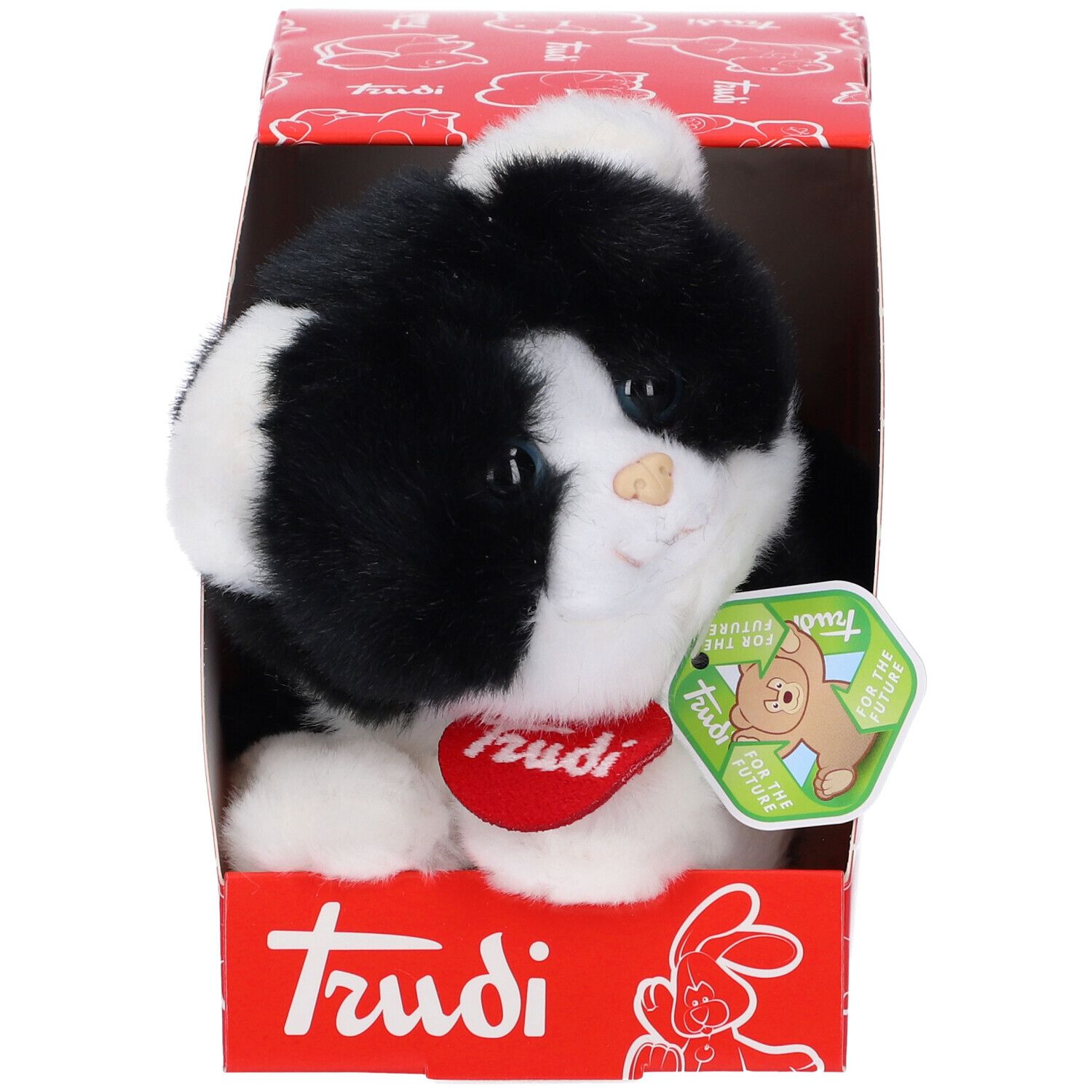 Gatto di peluche in scatola rossa. Pelliccia bianca e nera, collare rosso con scritta. Confezione con logo Trudi.