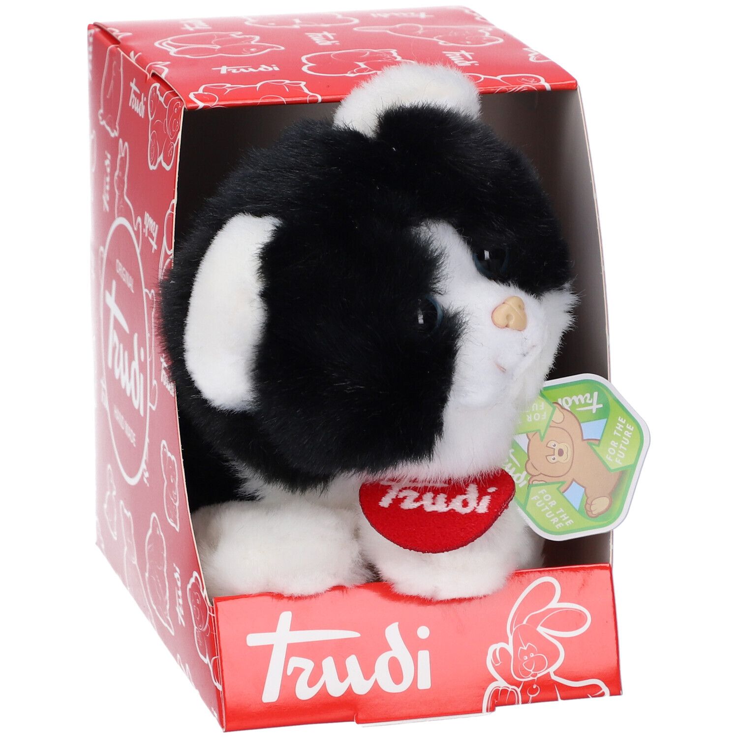 Gatto di peluche in scatola rossa. Pelliccia bianca e nera, collare rosso con scritta. Confezione con logo Trudi.