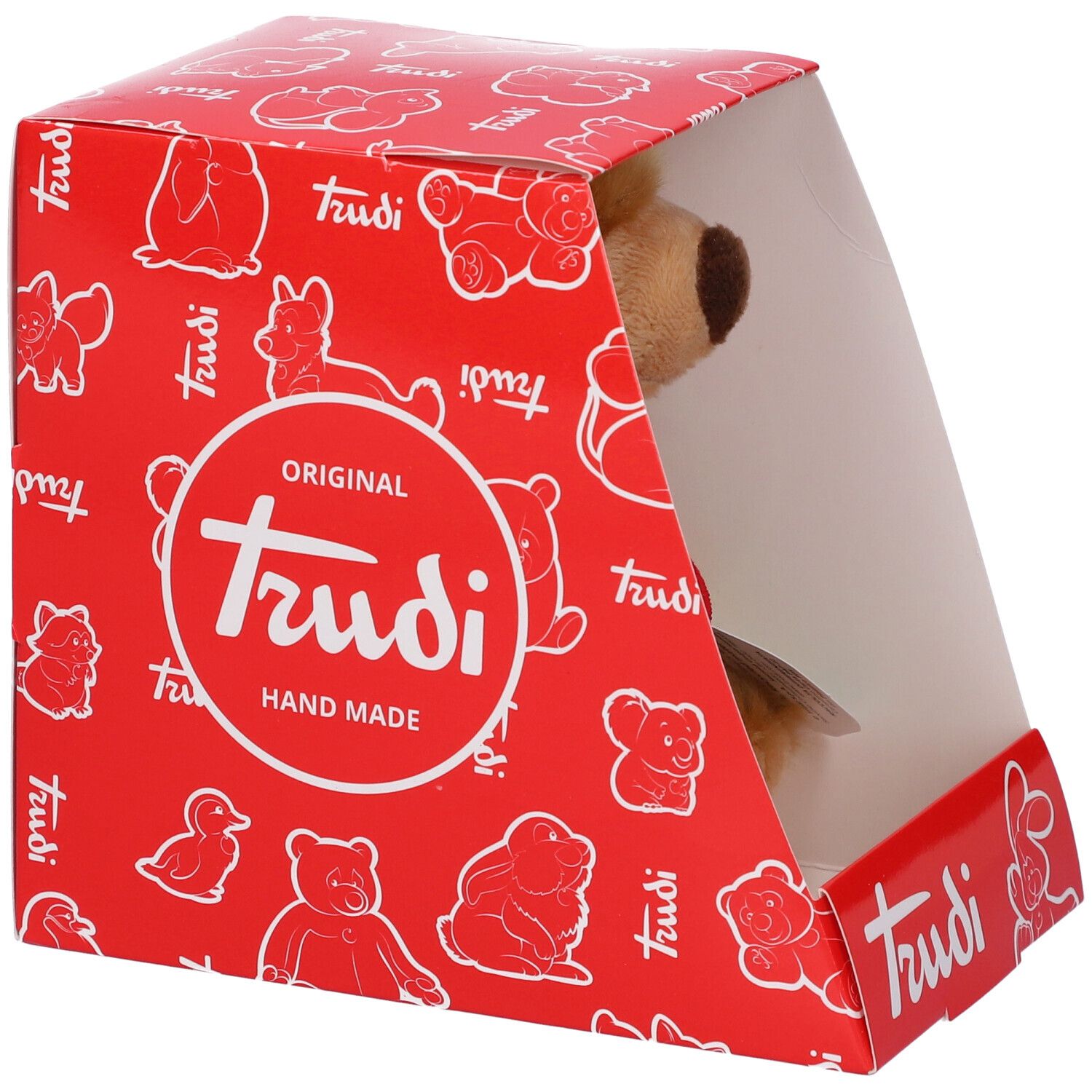 Confezione rossa con logo "Trudi" e illustrazioni di orsi. Orsetto parzialmente visibile. Scritta "Original Trudi Hand Made".