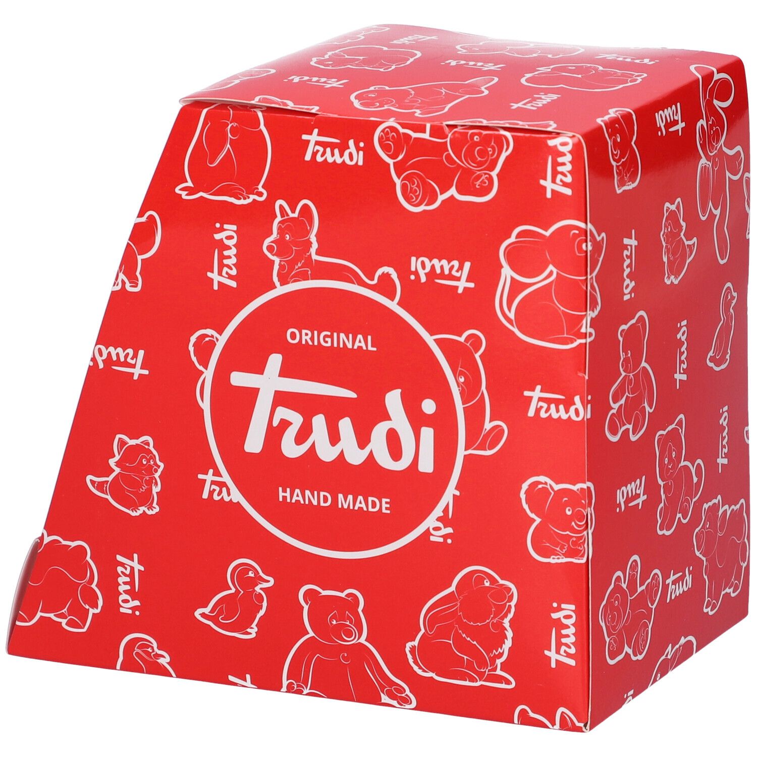 Confezione rossa con illustrazioni di orsi e logo "Trudi". Scritta "Original Trudi Hand Made". Vista obliqua della confezione.