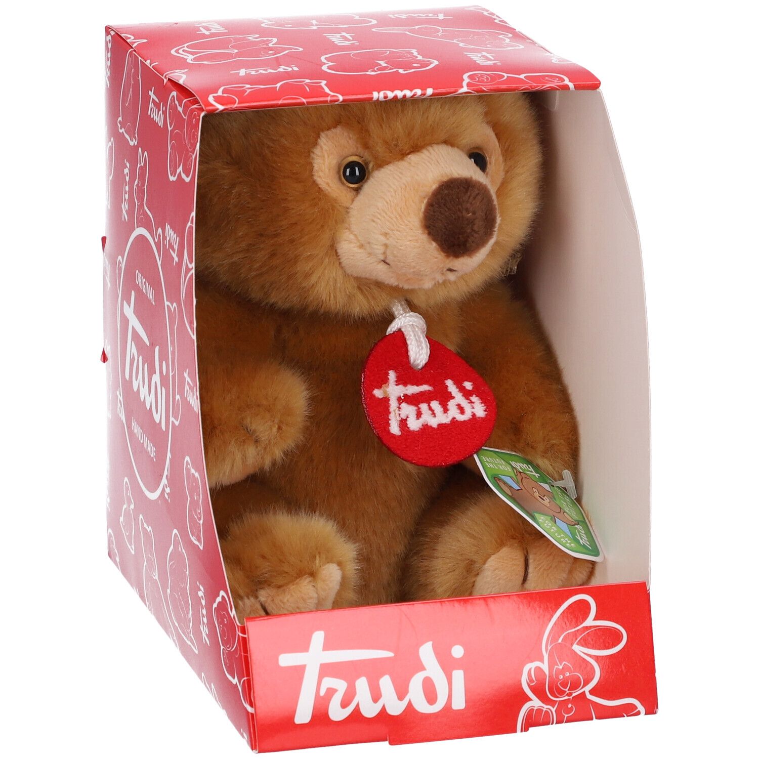 Orsetto marrone in confezione rossa. Etichetta rossa con logo "Trudi". Confezione con logo "Trudi" e illustrazioni di orsi.