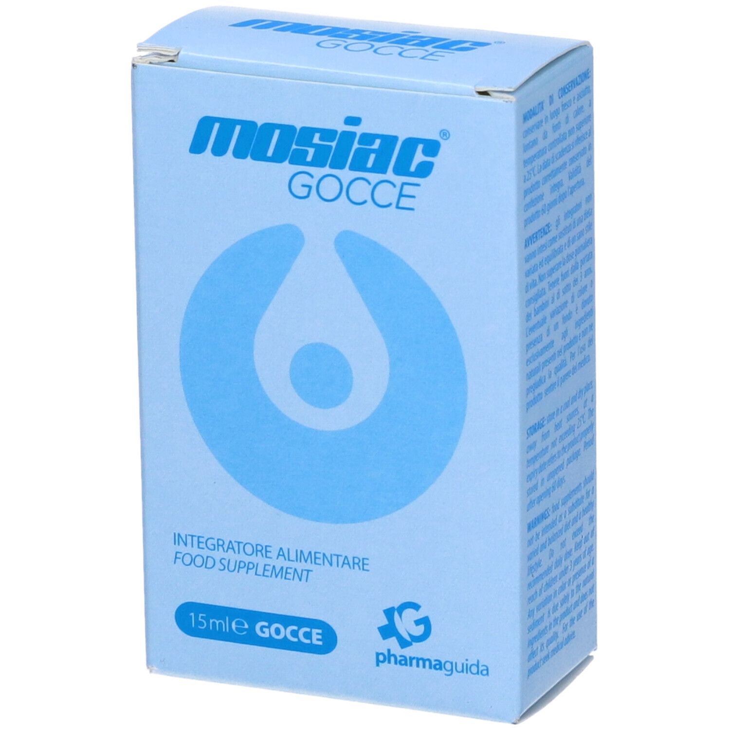Scatola azzurra con scritta Mosiac Gocce. Simbolo goccia. Testo: Integratore alimentare.