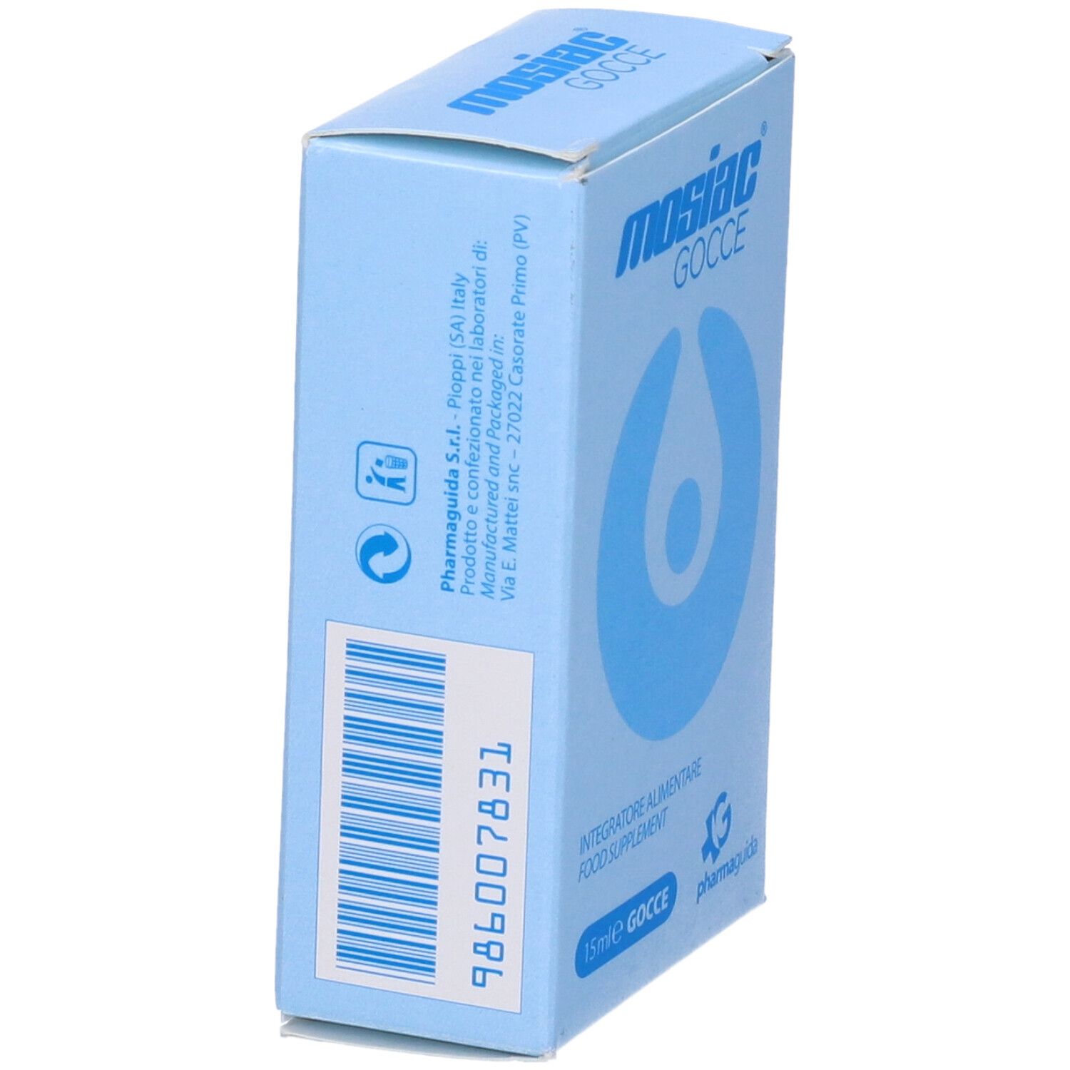 Scatola azzurra con scritta Mosiac Gocce. Codice a barre e testo sul lato.