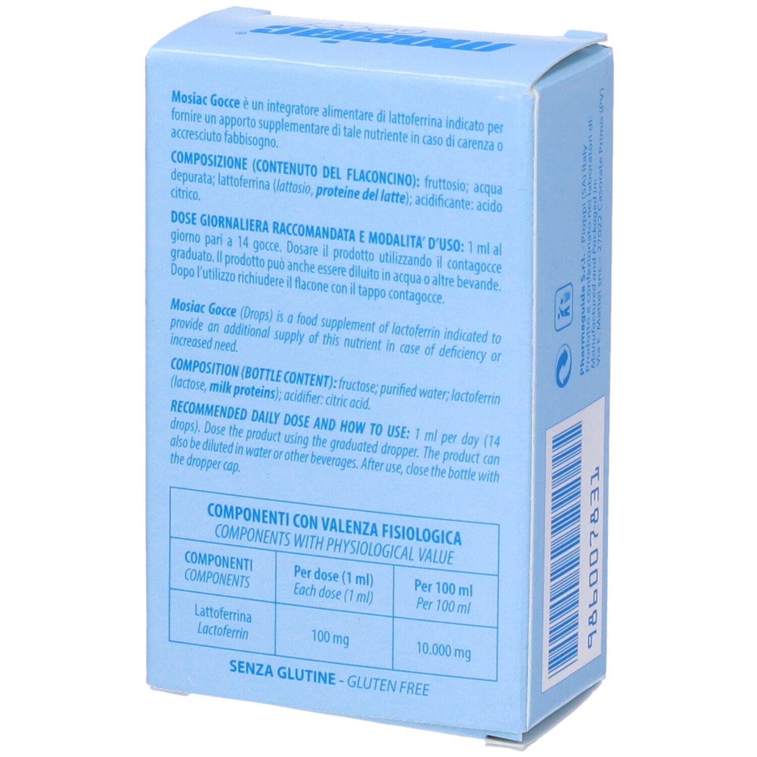 Scatola azzurra con testo. Contiene informazioni sul prodotto e ingredienti.