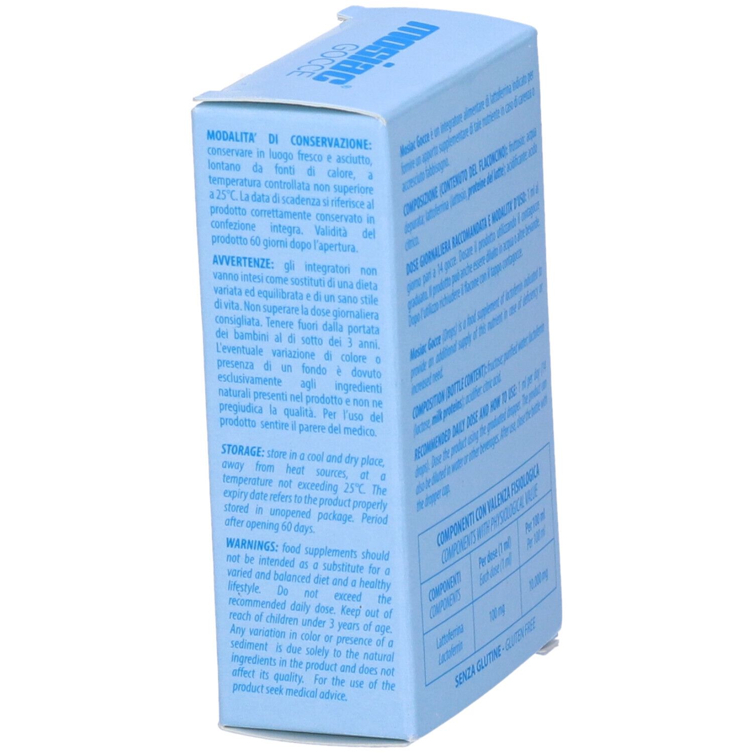 Scatola azzurra con testo. Contiene informazioni su conservazione e avvertenze.