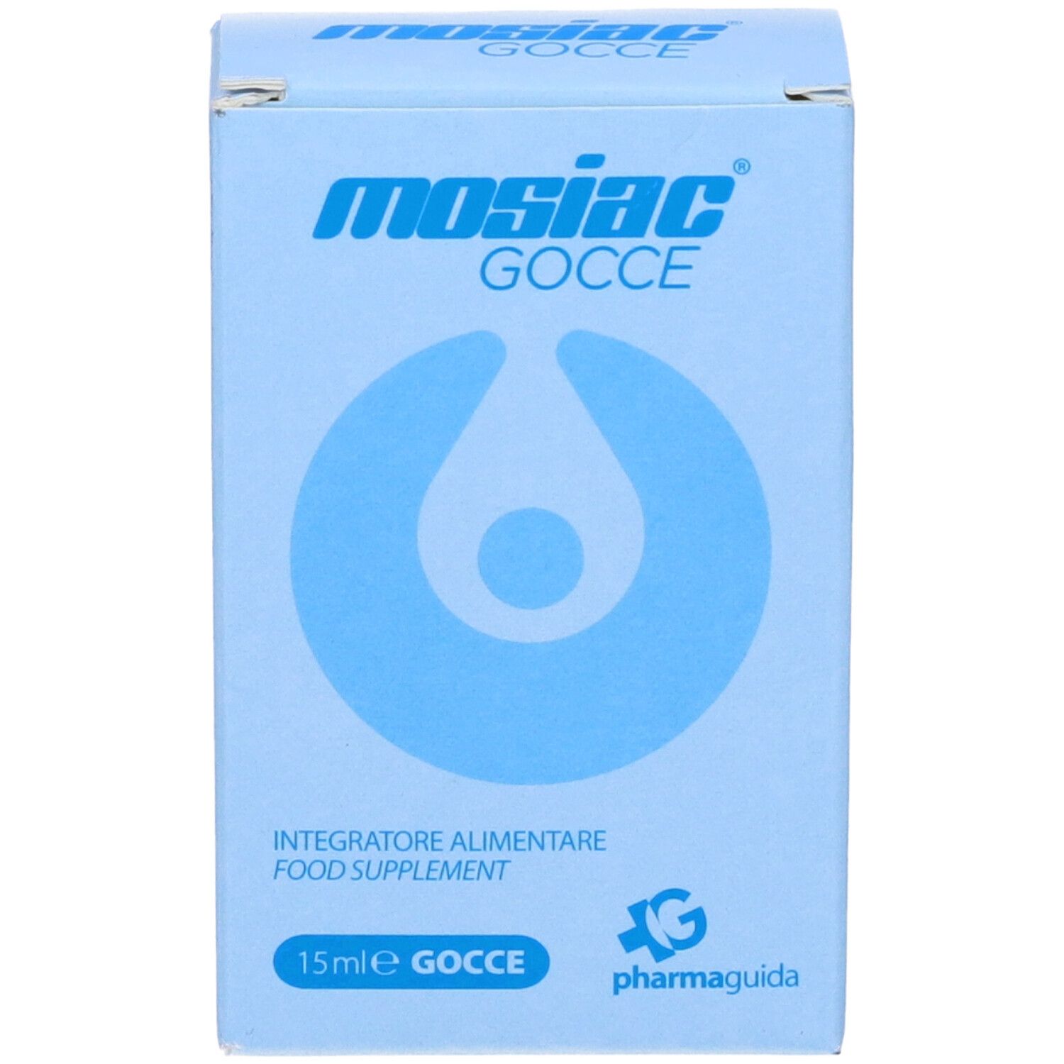 Scatola azzurra con scritta Mosiac Gocce. Simbolo goccia. Testo: Integratore alimentare.