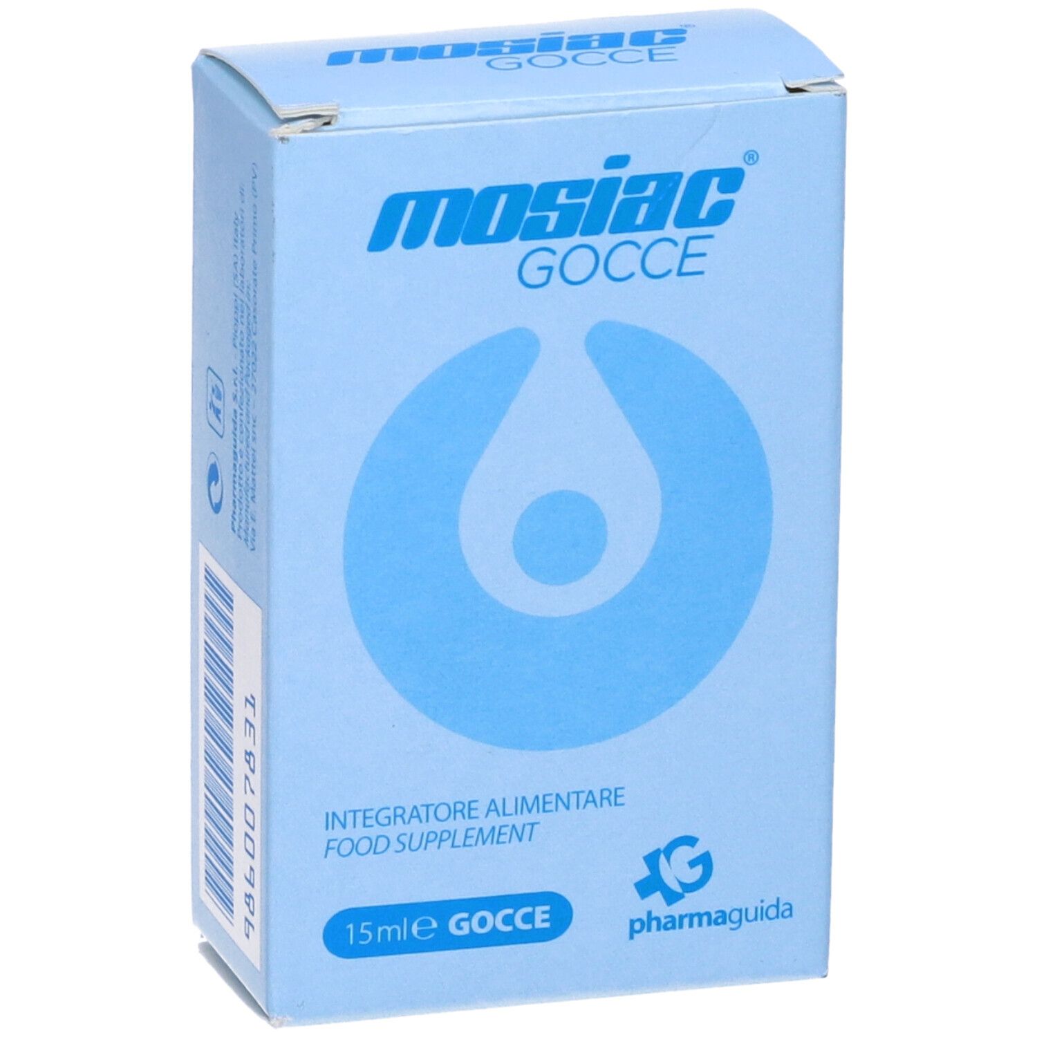 Scatola azzurra con scritta Mosiac Gocce. Simbolo goccia. Testo: Integratore alimentare.