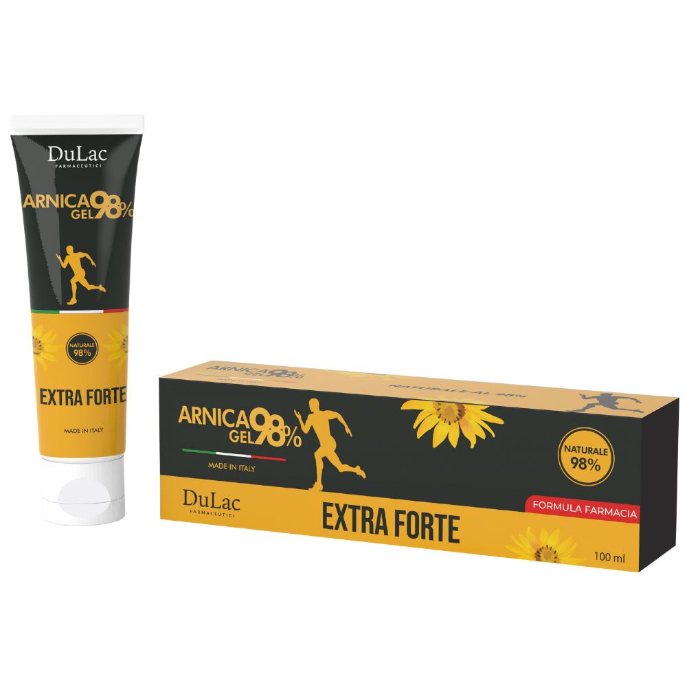 Gel-Tube und Karton. Aufschrift: Arnica Gel 98% Extra Forte. Gel-Tube mit gelbem und schwarzem Design. Karton mit Sonnenblumen-Motiv.