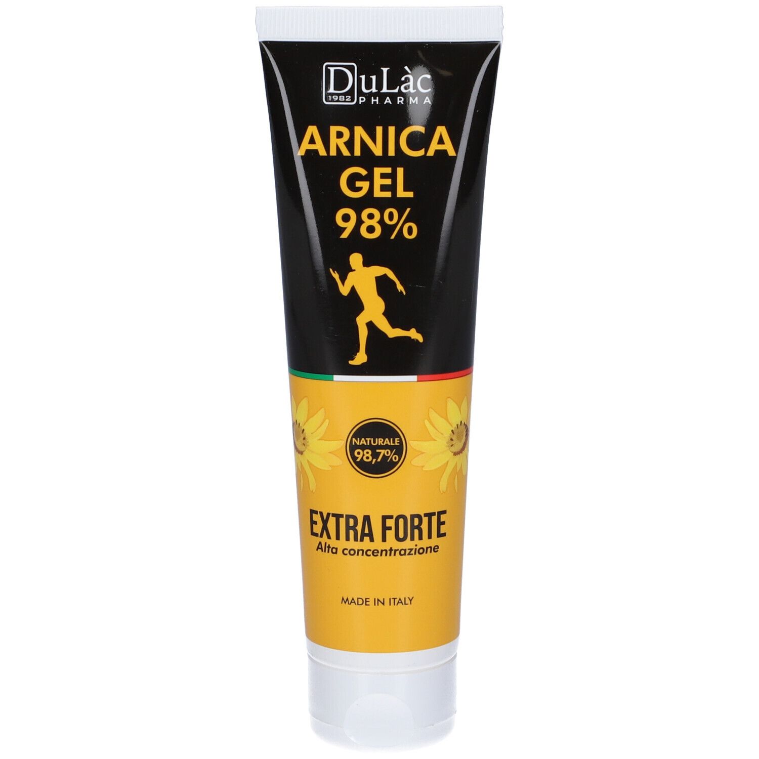 Tubo di gel. Scritta: Arnica Gel 98%. Strisce gialle e verdi. Immagine di una persona che corre.