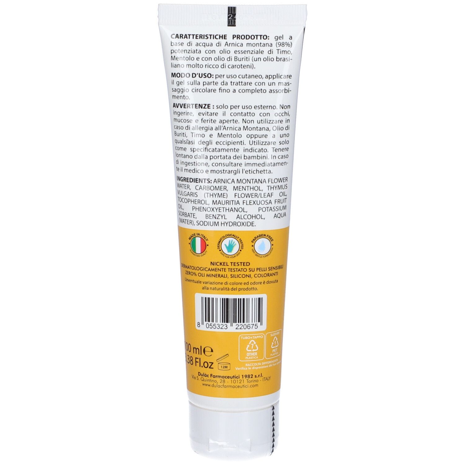 Retro del tubo. Testo in italiano. Sfondo giallo. Scritta: 100 ml 3.38 Fl.oz.