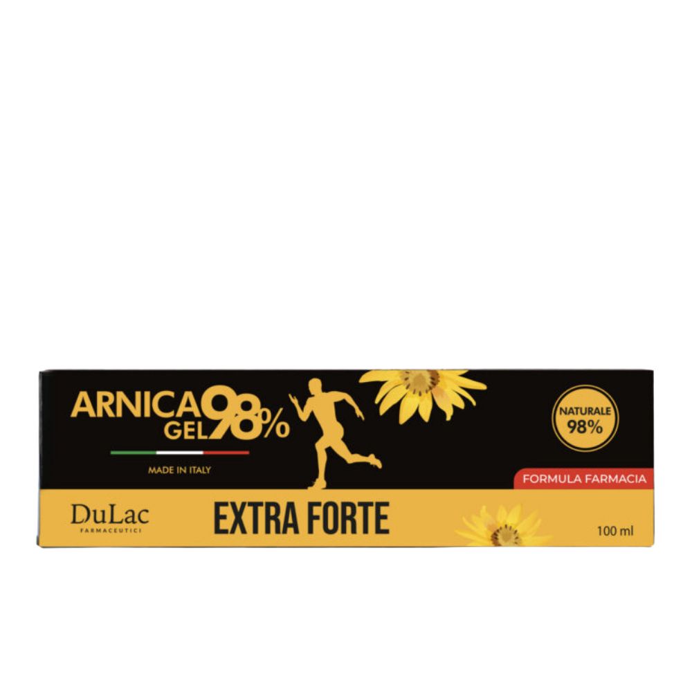 Karton mit Aufschrift: Arnica Gel 98% Extra Forte. Gelb-schwarzes Design mit Sonnenblumen-Motiv. Aufschrift: Formula Farmacia.