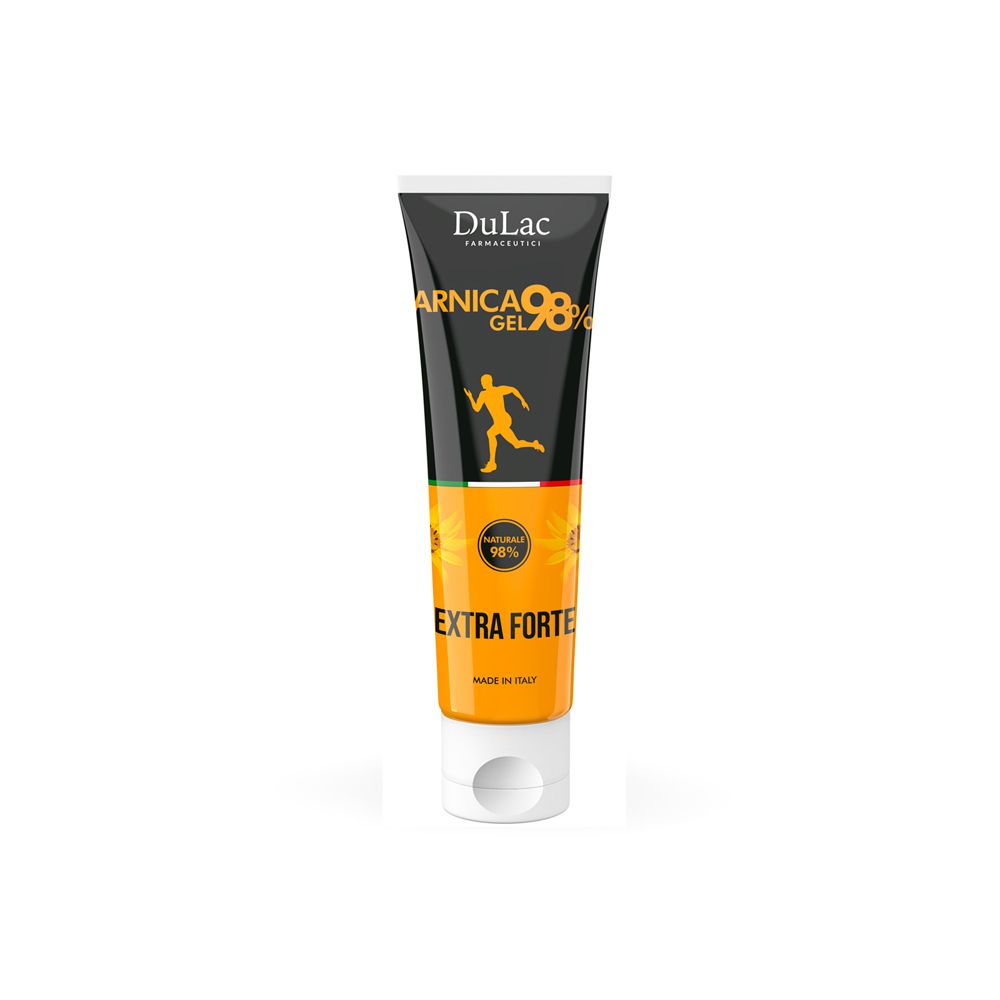 Gel-Tube mit gelbem und schwarzem Design. Aufschrift: Arnica Gel 98% Extra Forte. Marke: DuLac. Made in Italy.