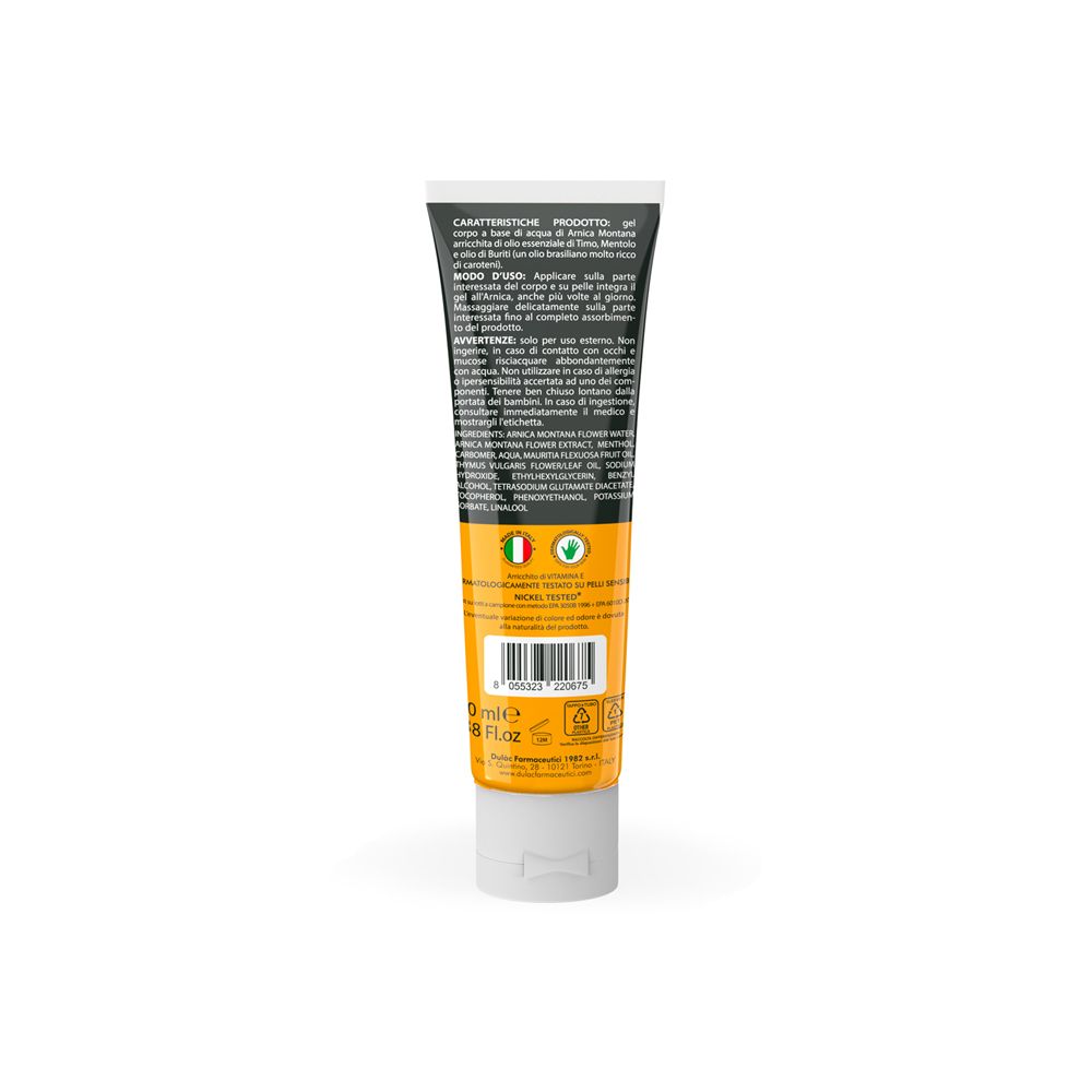 Rückseite der Gel-Tube. Text in italienischer Sprache. Enthält Informationen zu Inhaltsstoffen und Anwendung. Logo: Made in Italy.