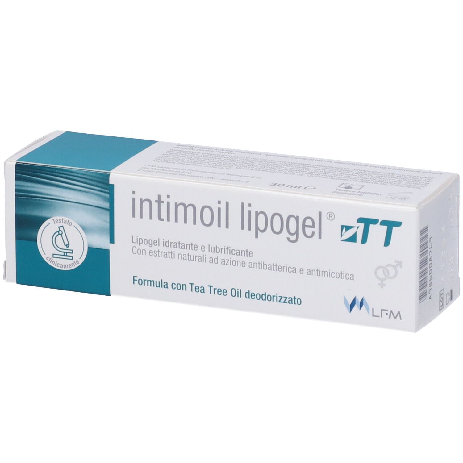 Scatola con nome e logo del prodotto. Testo: Lipogel idratante e lubrificante. Con logo e certificazione.
