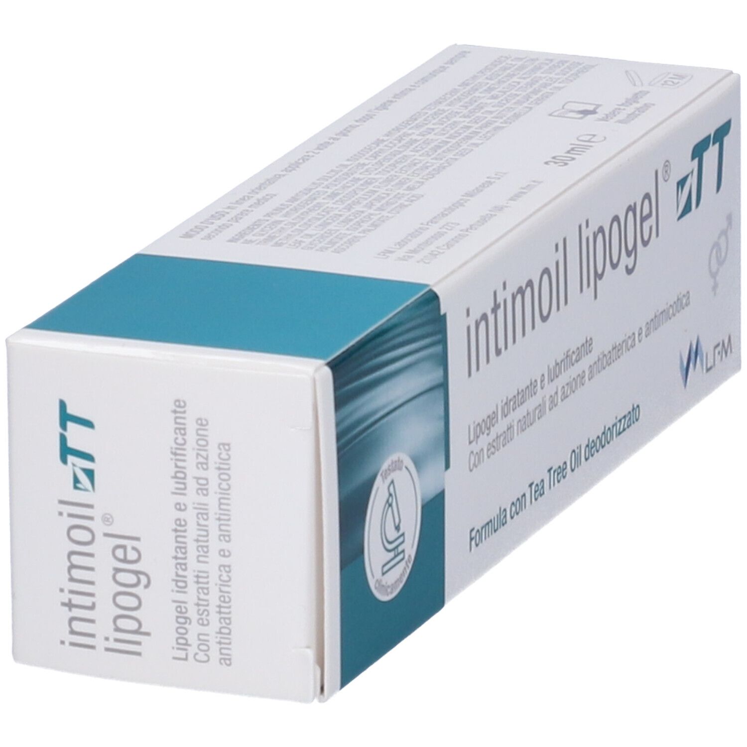 Confezione del prodotto inclinata. Stampa: Lipogel idratante e lubrificante. Con logo e certificazione.