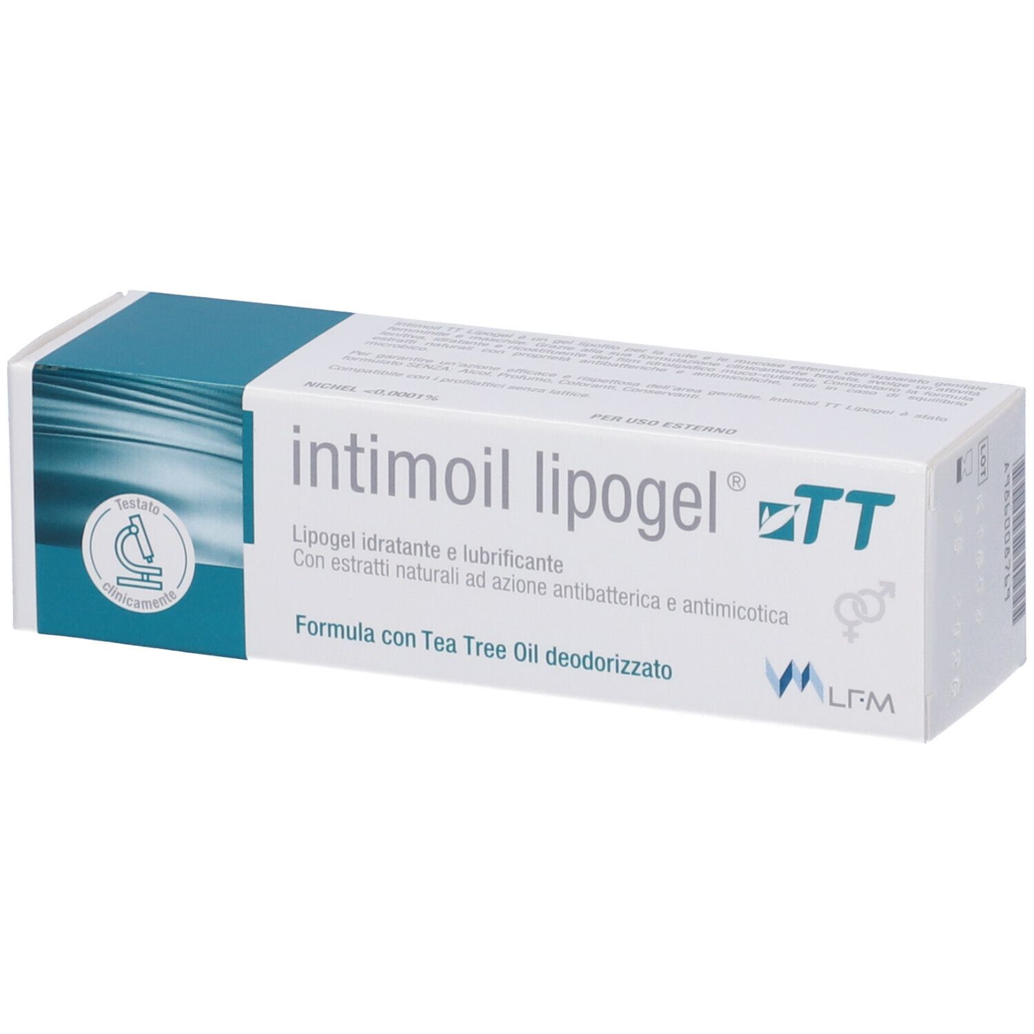 Confezione del prodotto con logo e testo. Testo: Lipogel idratante e lubrificante. Con logo e certificazione.