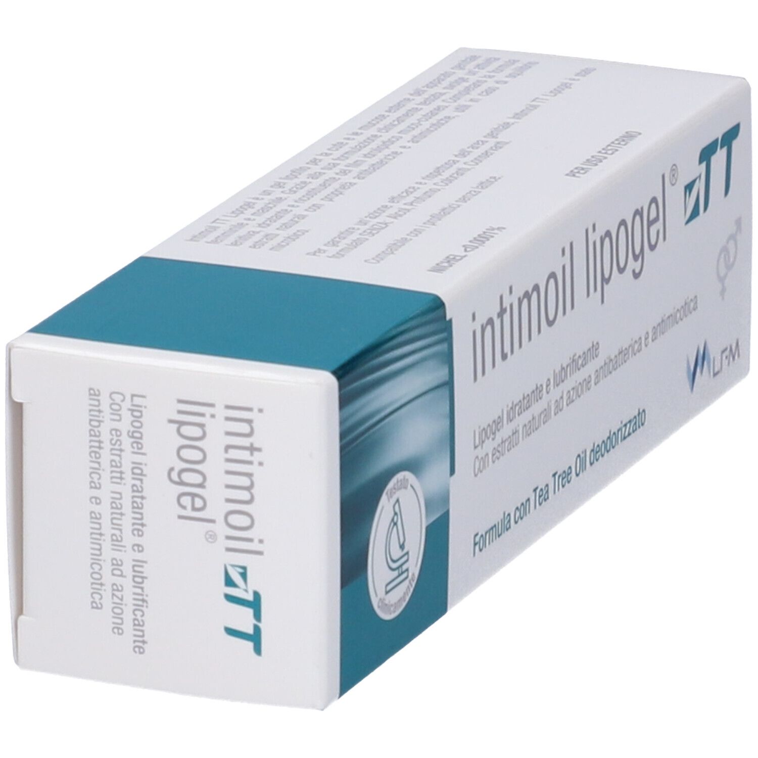 Confezione del prodotto inclinata. Stampa: Lipogel idratante e lubrificante. Con logo e certificazione.