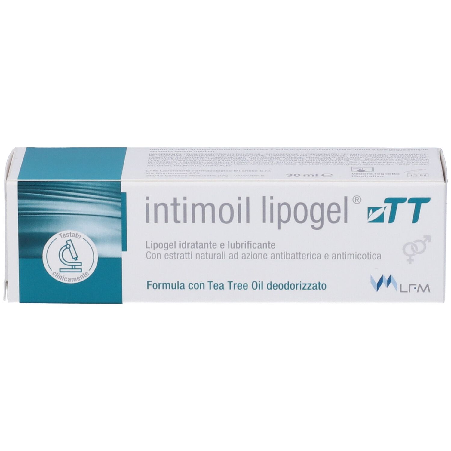 Confezione del prodotto con logo e testo. Testo: Lipogel idratante e lubrificante. Con logo e certificazione.