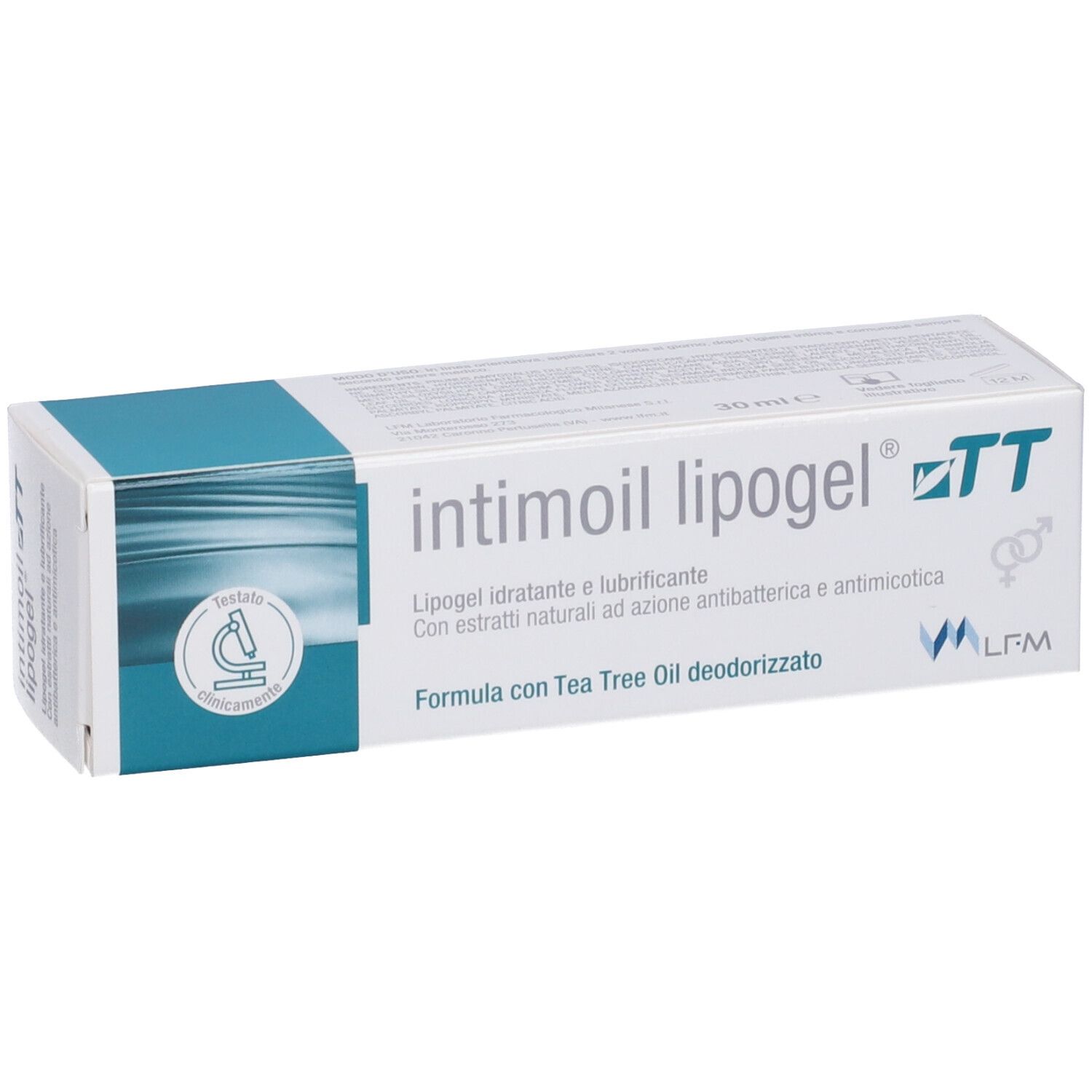 Confezione del prodotto con logo e testo. Testo: Lipogel idratante e lubrificante. Con logo e certificazione.