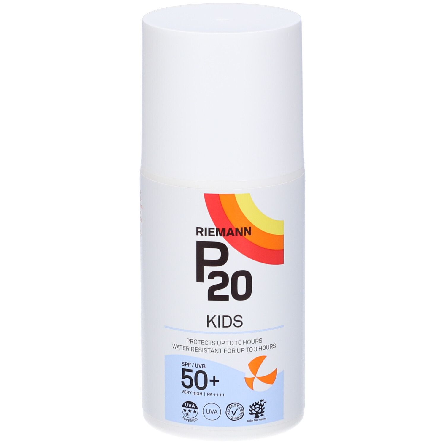 Flacone bianco Riemann P20 Kids SPF 50+. Arcobaleno colorato. Protegge fino a 10 ore. Resistente all'acqua fino a 3 ore.