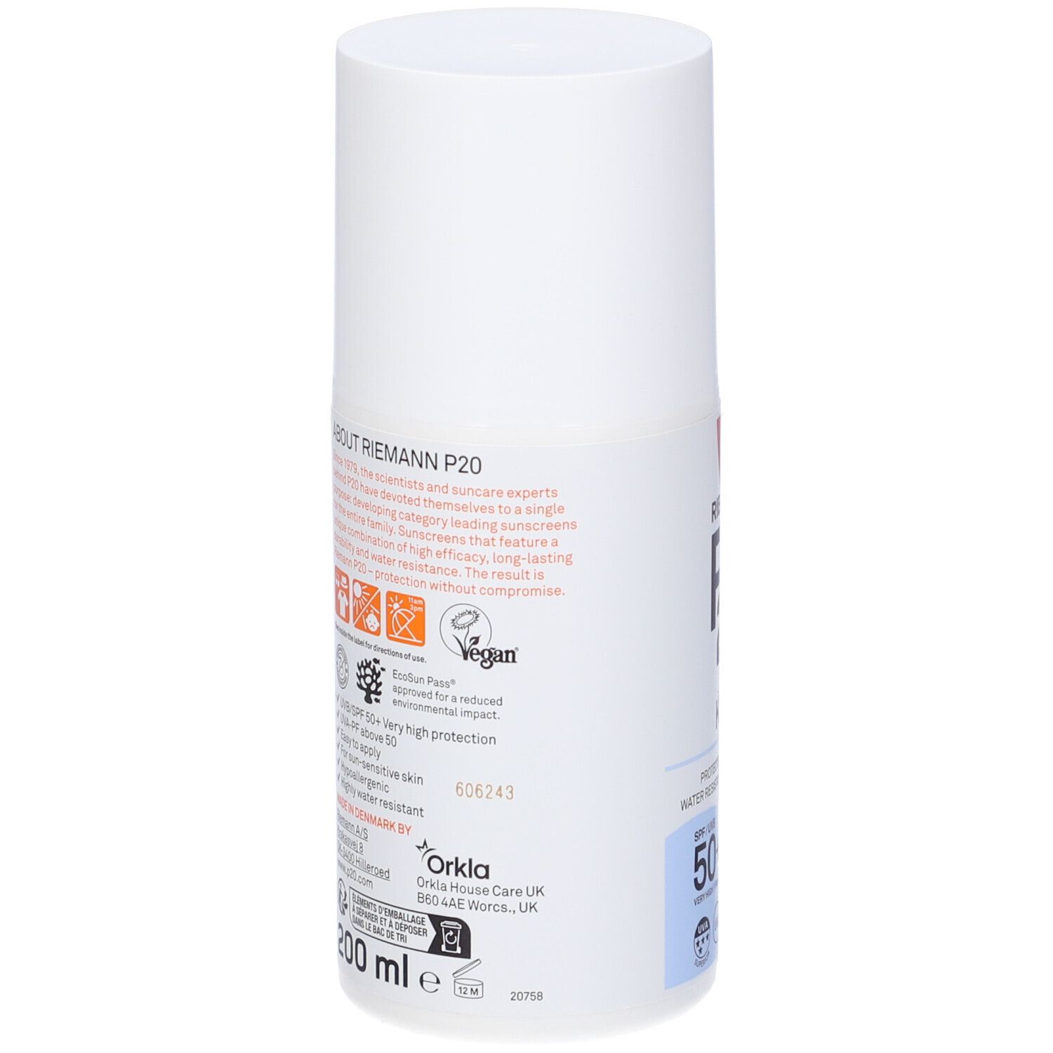 Flacone bianco. Retro con testo e loghi. Contiene informazioni su Riemann P20. Logo vegano. 200 ml.