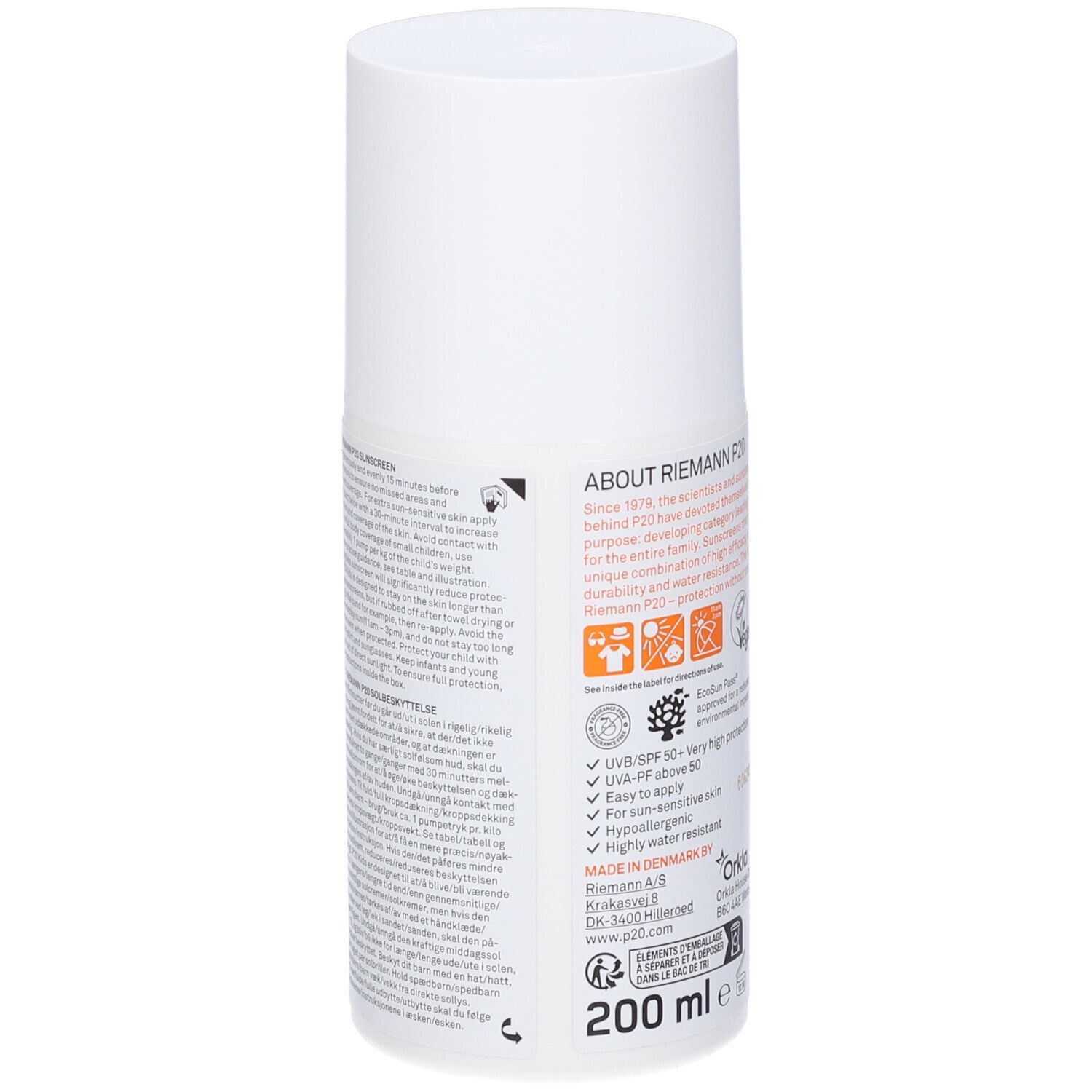 Flacone bianco. Retro con testo. Informazioni su Riemann P20. Logo vegano. 200 ml. Prodotto in Danimarca.