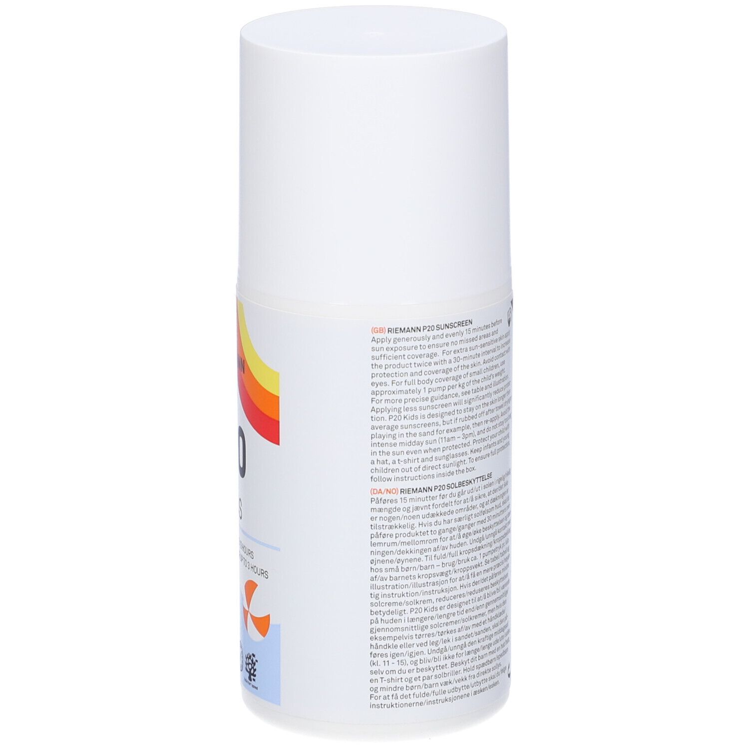 Flacone bianco. Retro con testo. Informazioni su Riemann P20. 200 ml. Prodotto in Danimarca. Testo multilingue.