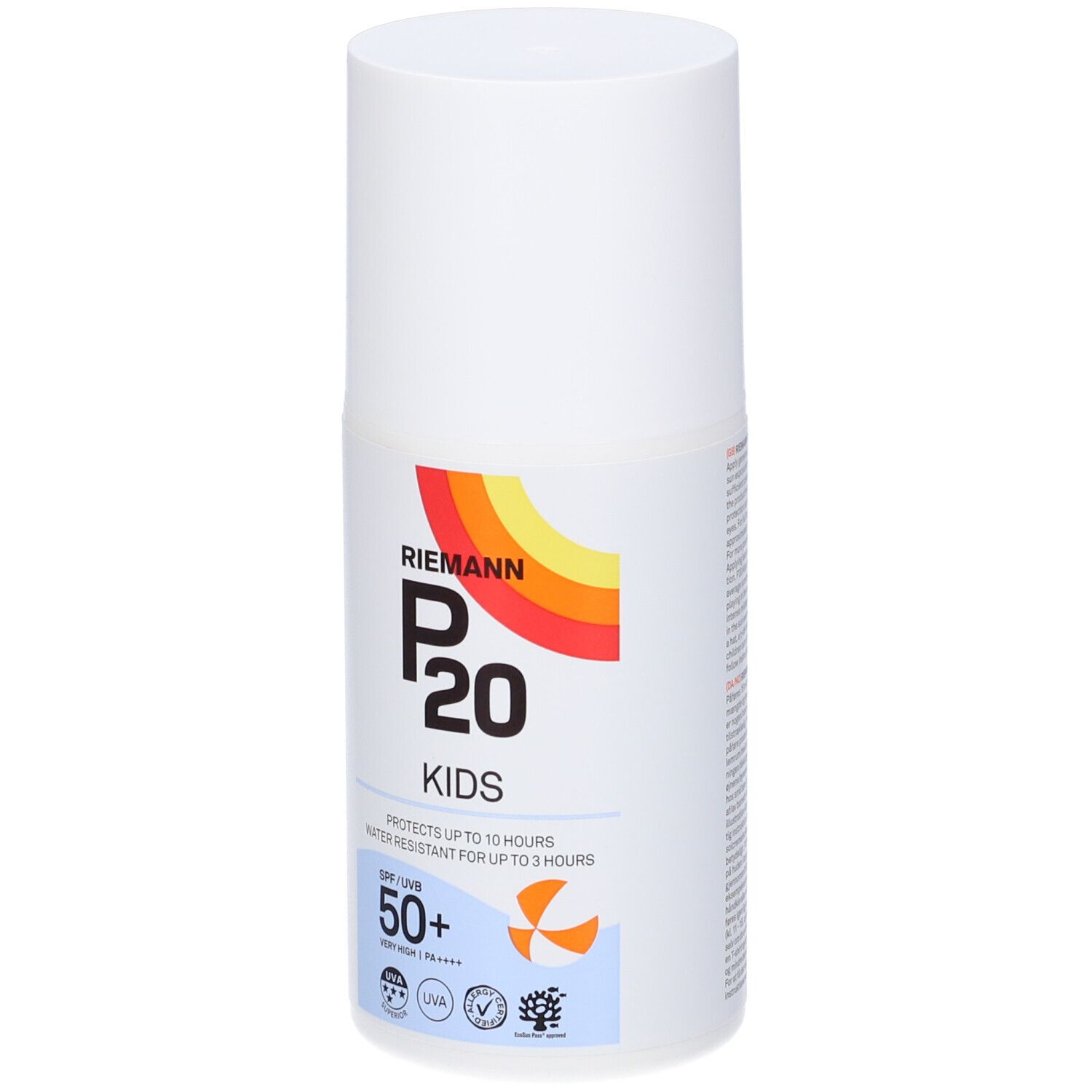 Flacone bianco Riemann P20 Kids SPF 50+. Arcobaleno colorato. Protegge fino a 10 ore. Resistente all'acqua fino a 3 ore.
