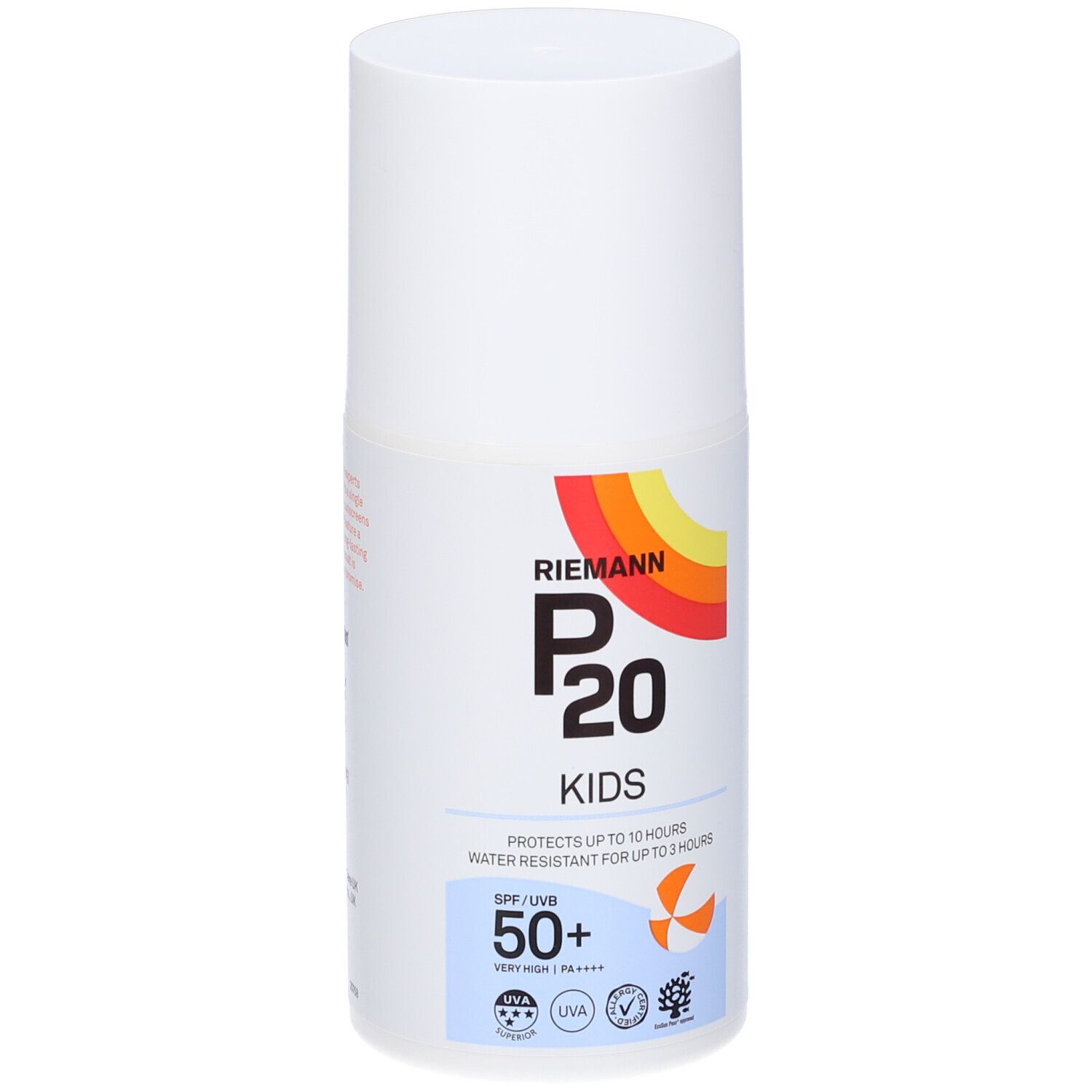 Flacone bianco Riemann P20 Kids SPF 50+. Arcobaleno colorato. Protegge fino a 10 ore. Resistente all'acqua fino a 3 ore.