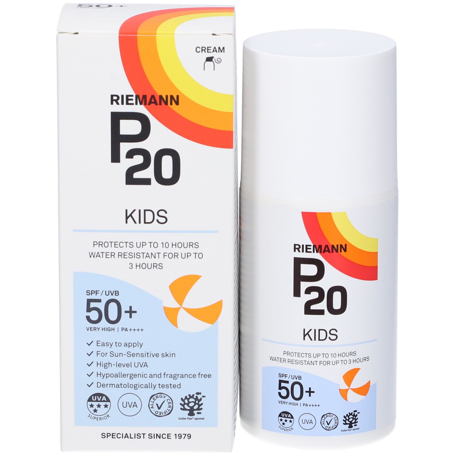 Riemann P20 Kids SPF 50+ e confezione. Flacone e scatola bianchi. Protegge fino a 10 ore. Resistente all'acqua fino a 3 ore.