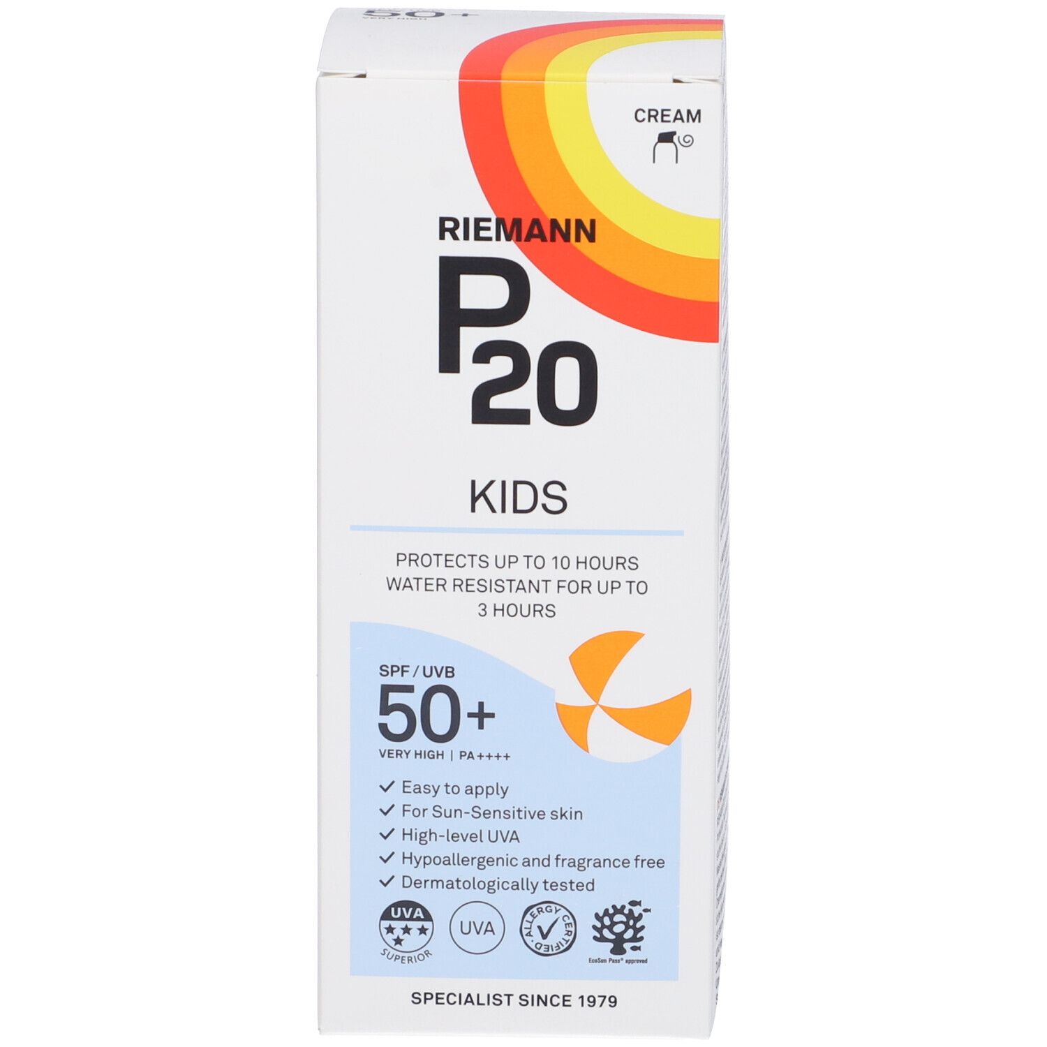 Confezione di Riemann P20 Kids SPF 50+. Scatola bianca con informazioni sul prodotto. Protegge fino a 10 ore. Resistente all'acqua fino a 3 ore.