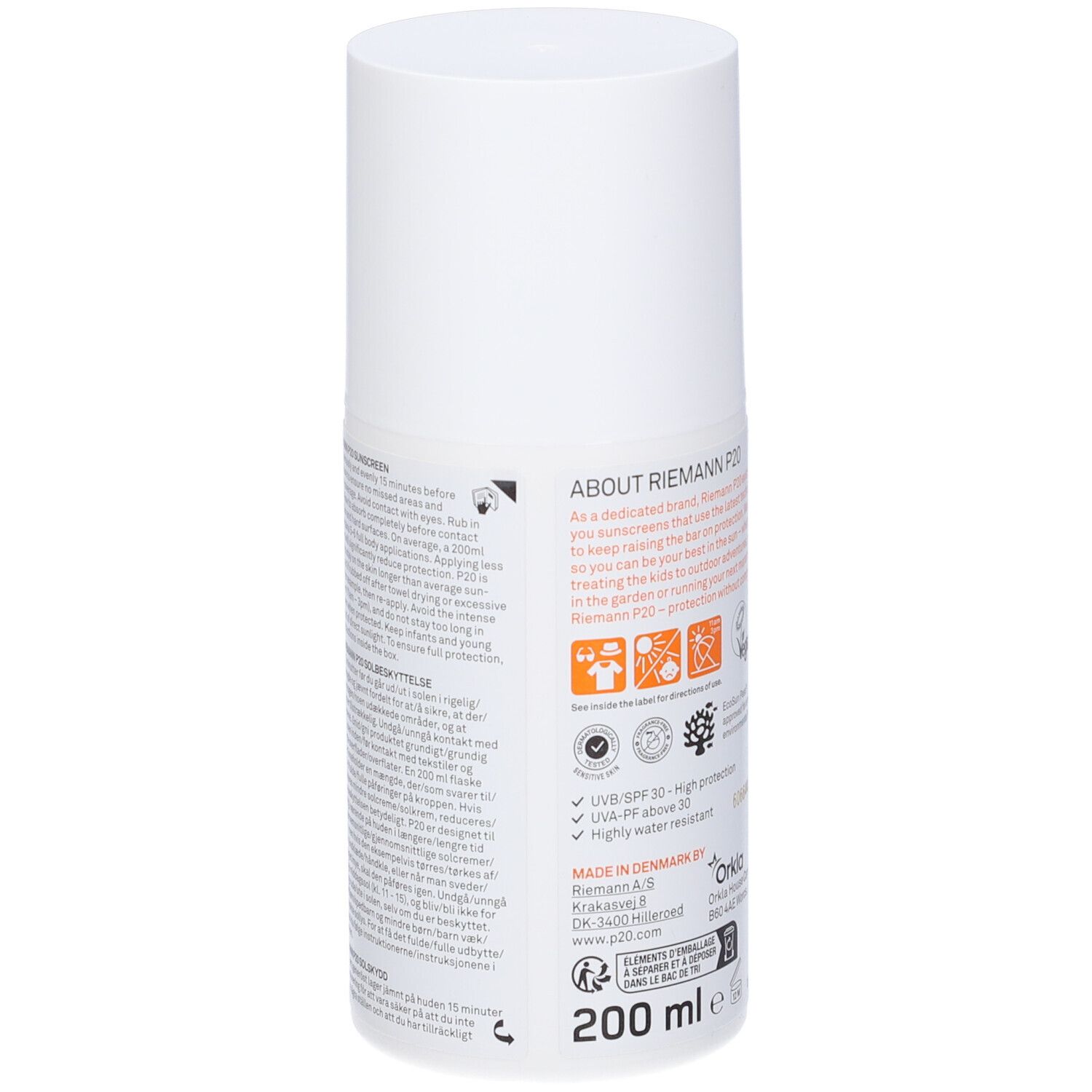 Flacone bianco P20 Sensitive Skin. Retro con testo. 200 ml. Fatto in Danimarca.