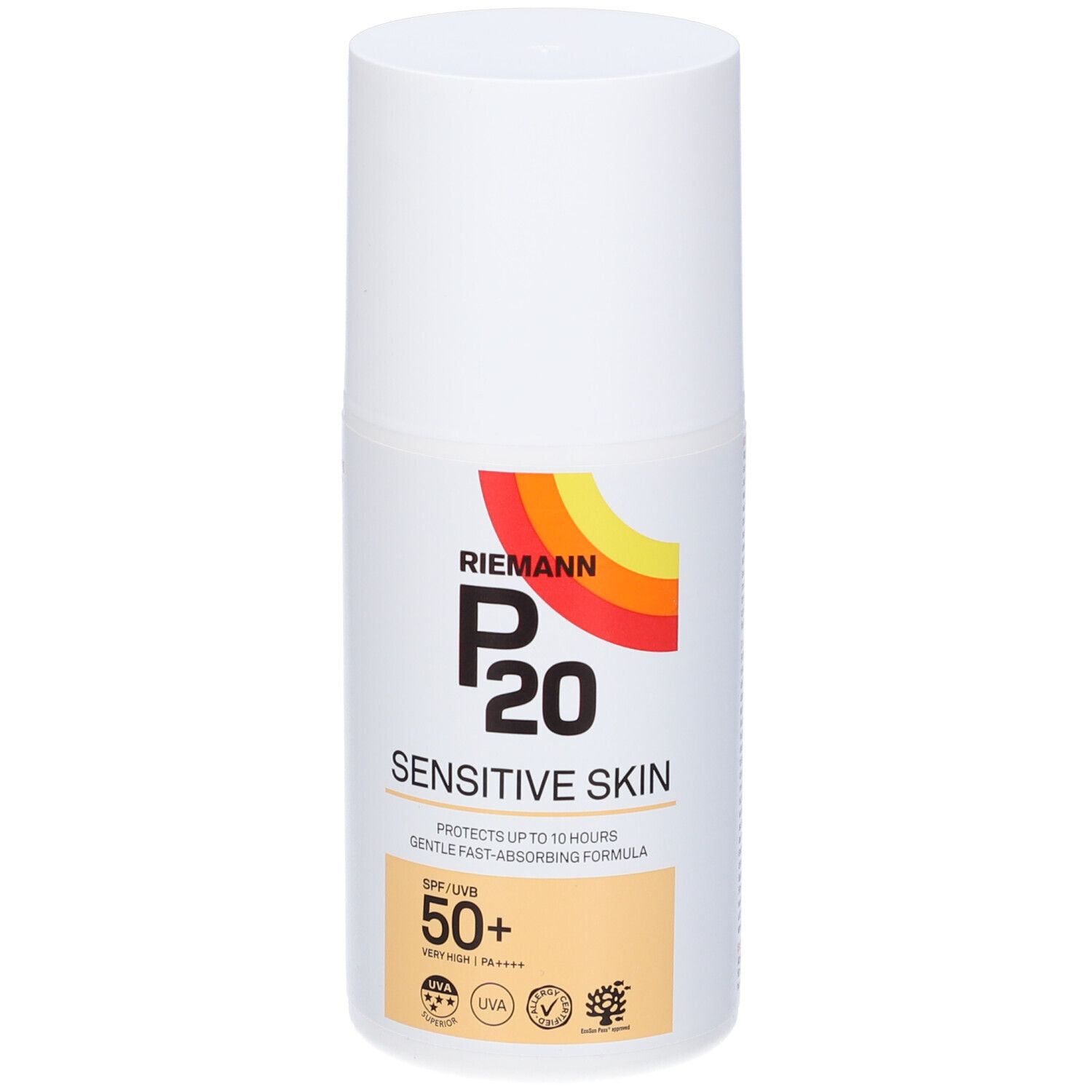 Flacone di crema solare bianco. Scritta: Riemann P20 Sensitive Skin SPF 50+. Striscia colorata.