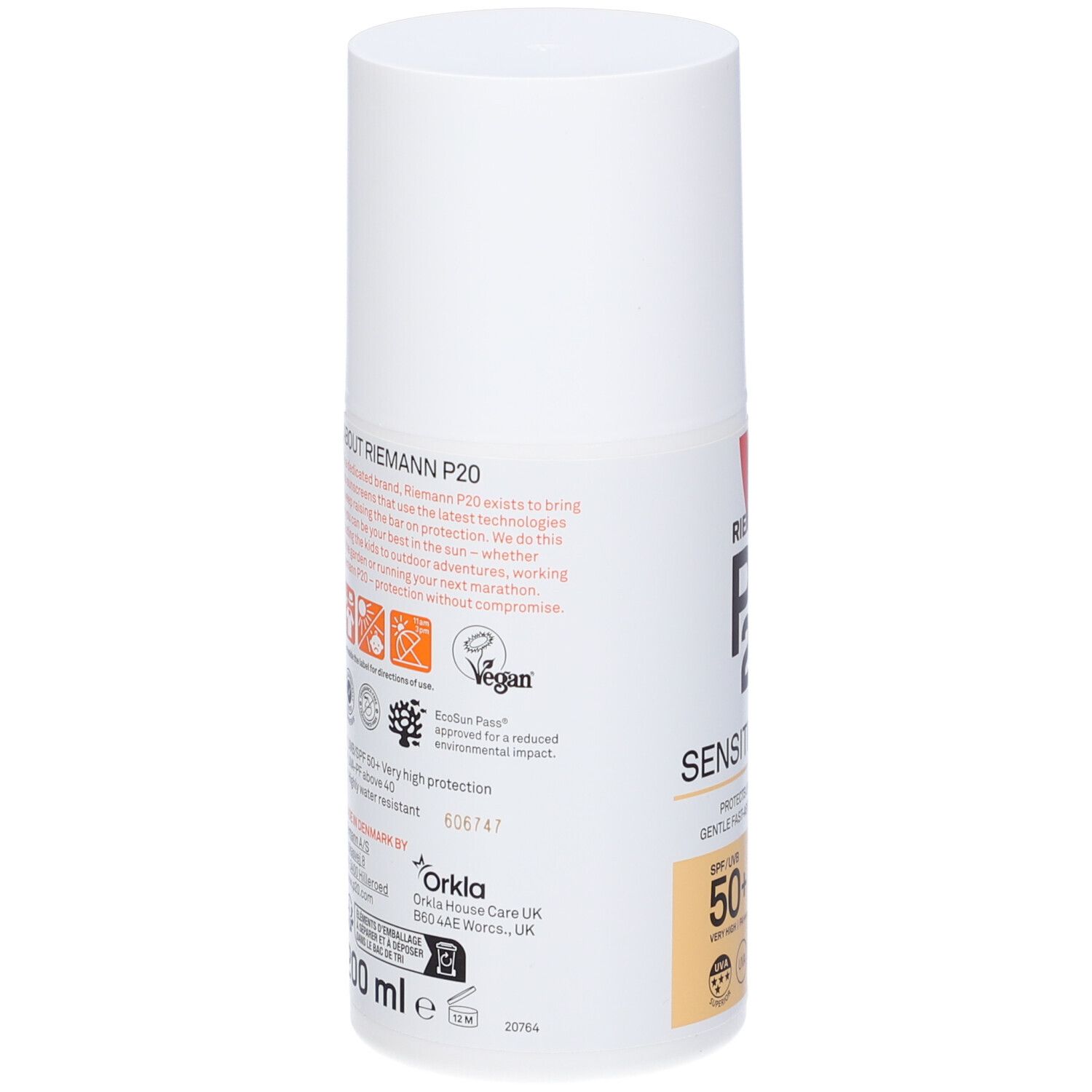 Flacone di crema solare bianco. Scritte e loghi. Retro con testo e loghi. Sigillo vegano.