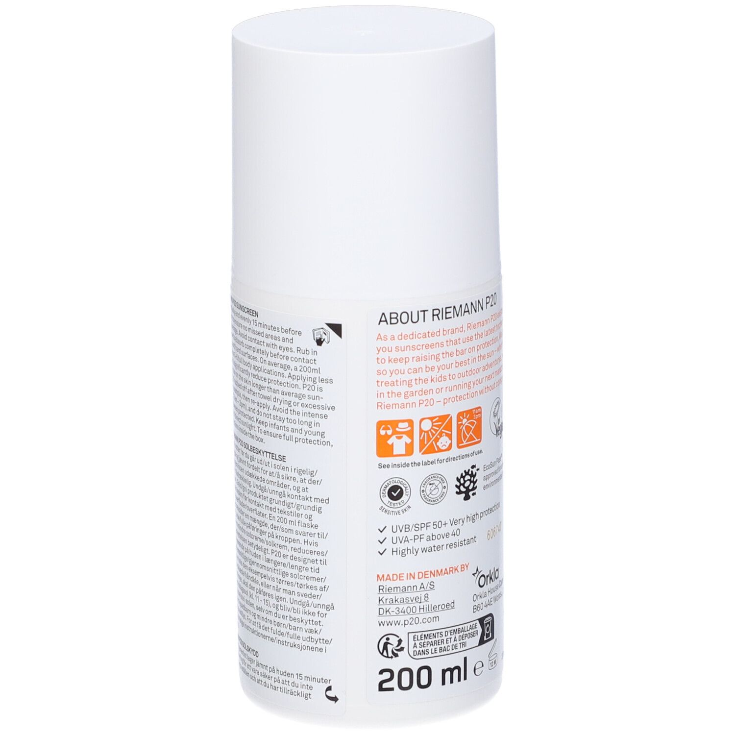 Flacone di crema solare bianco. Retro con testo e loghi. 200 ml. Protezione UVA e UVB.