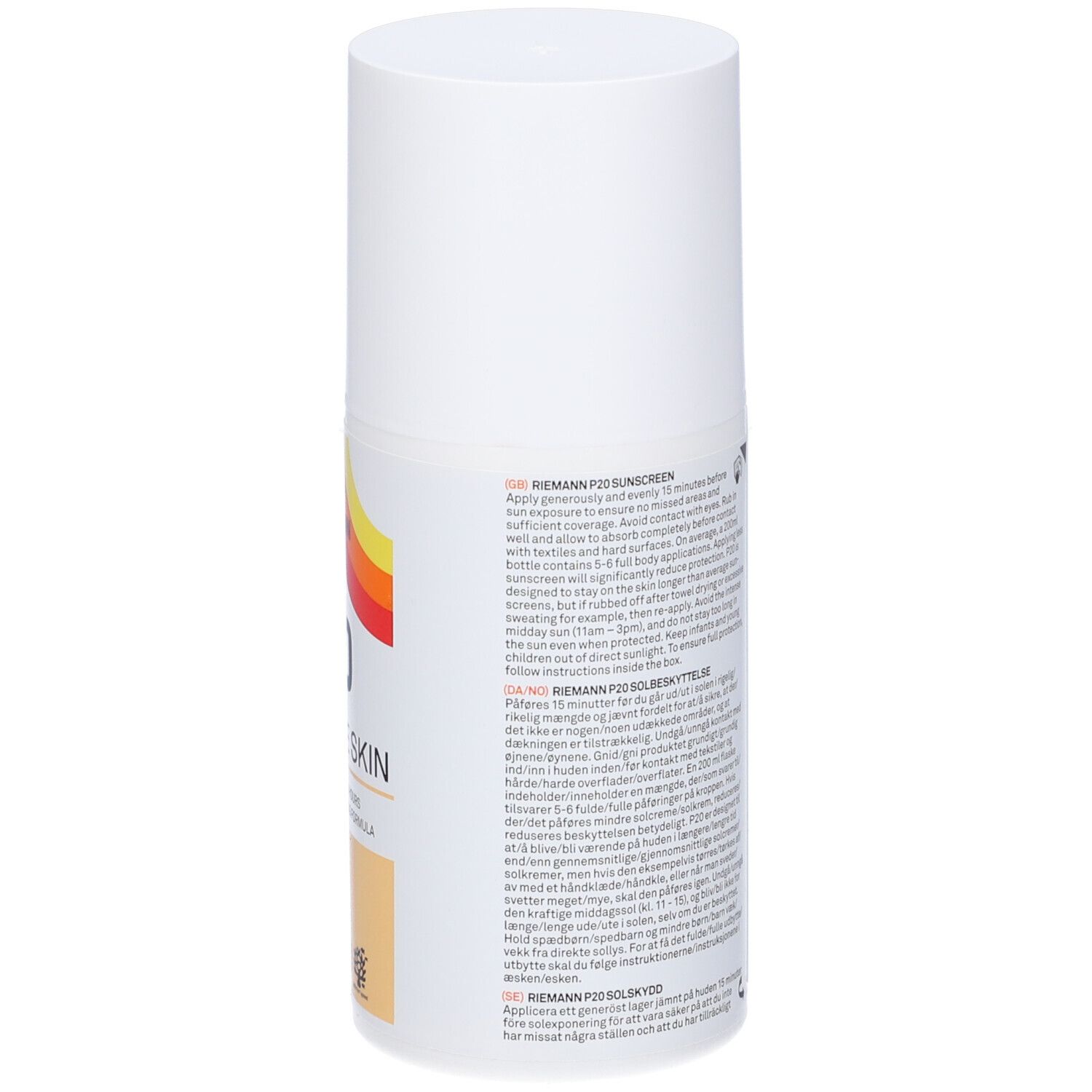 Flacone di crema solare bianco. Retro con testo. Istruzioni multilingue. 200 ml.