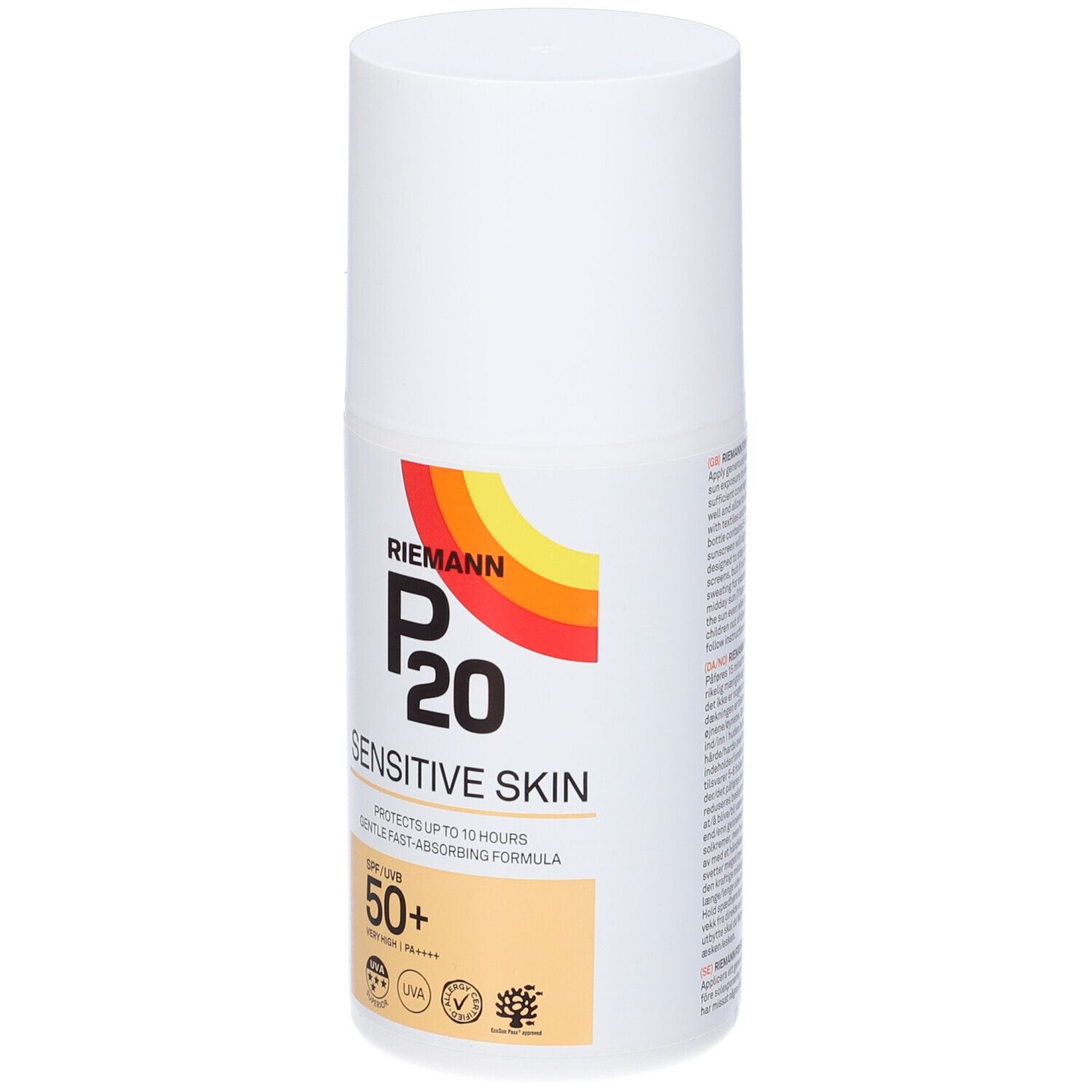 Flacone di crema solare bianco. Scritta: Riemann P20 Sensitive Skin SPF 50+. Striscia colorata.