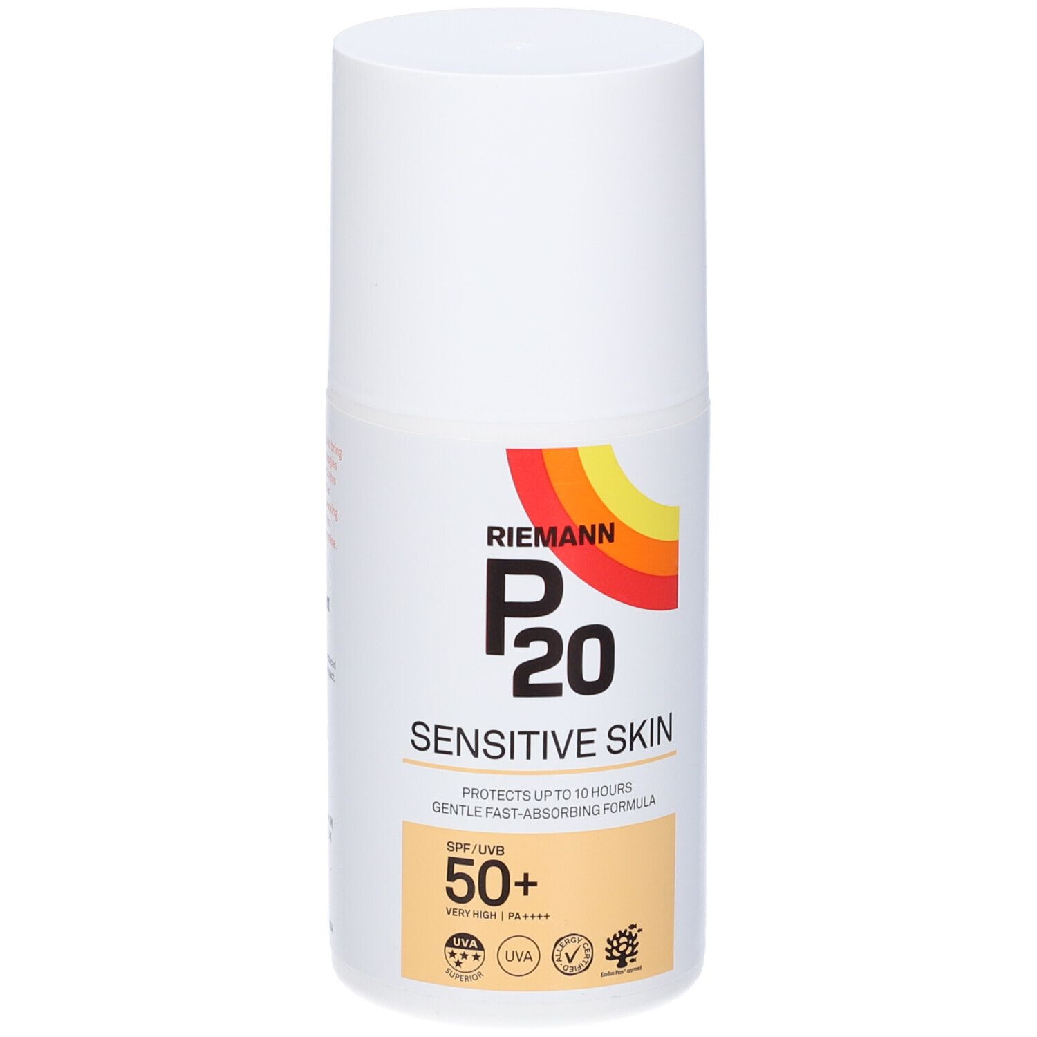Flacone di crema solare bianco. Scritta: Riemann P20 Sensitive Skin SPF 50+. Loghi e sigilli.