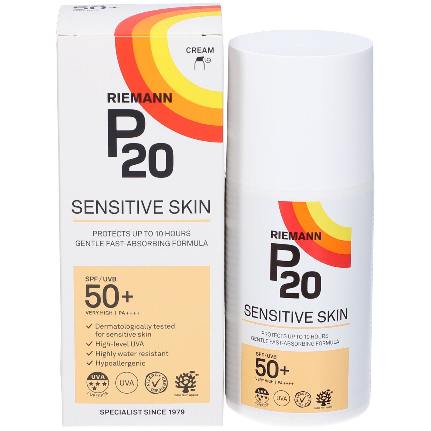Flacone e scatola di crema solare. Scritta: Riemann P20 Sensitive Skin SPF 50+. Testato dermatologicamente.
