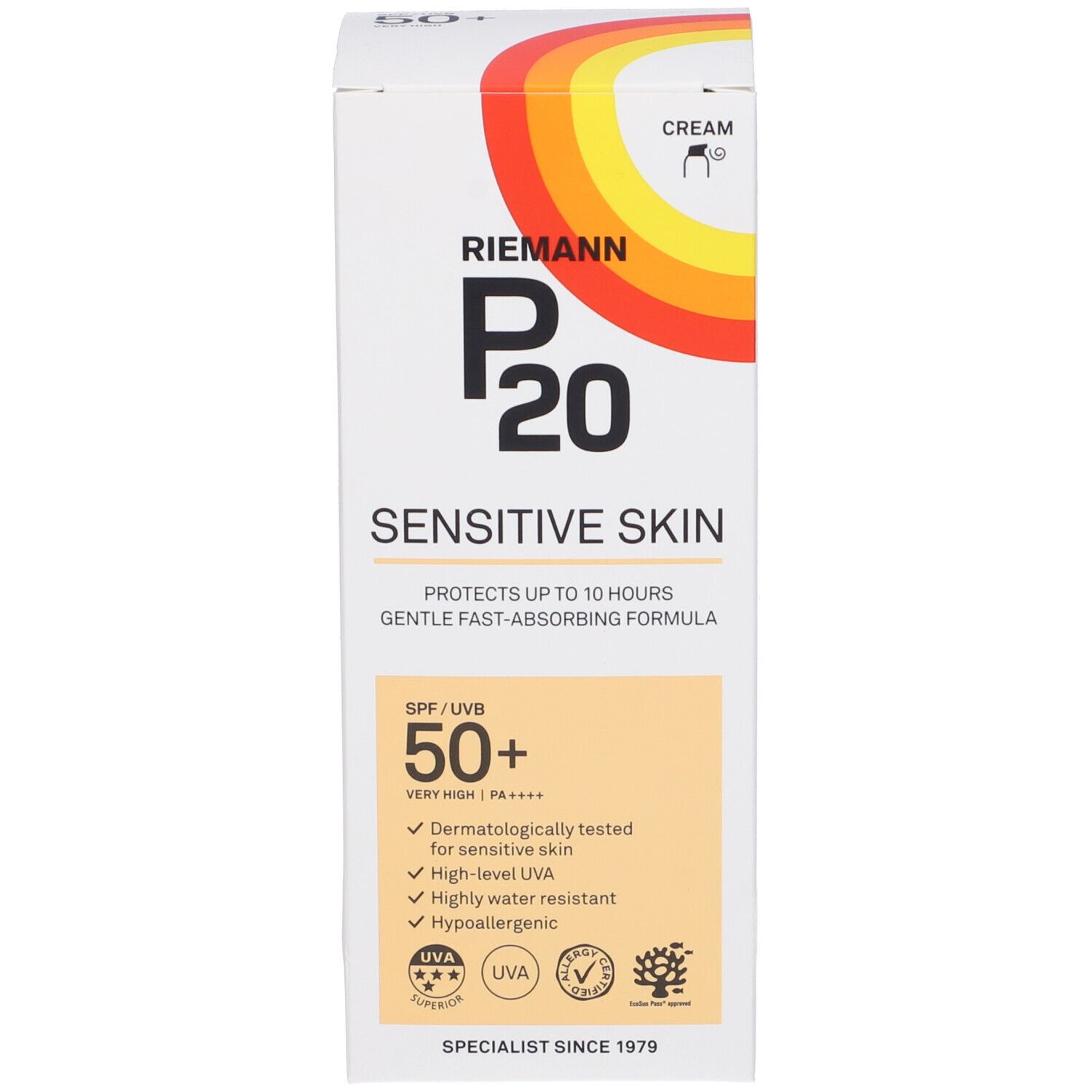Scatola di crema solare. Scritta: Riemann P20 Sensitive Skin SPF 50+. Testato dermatologicamente.