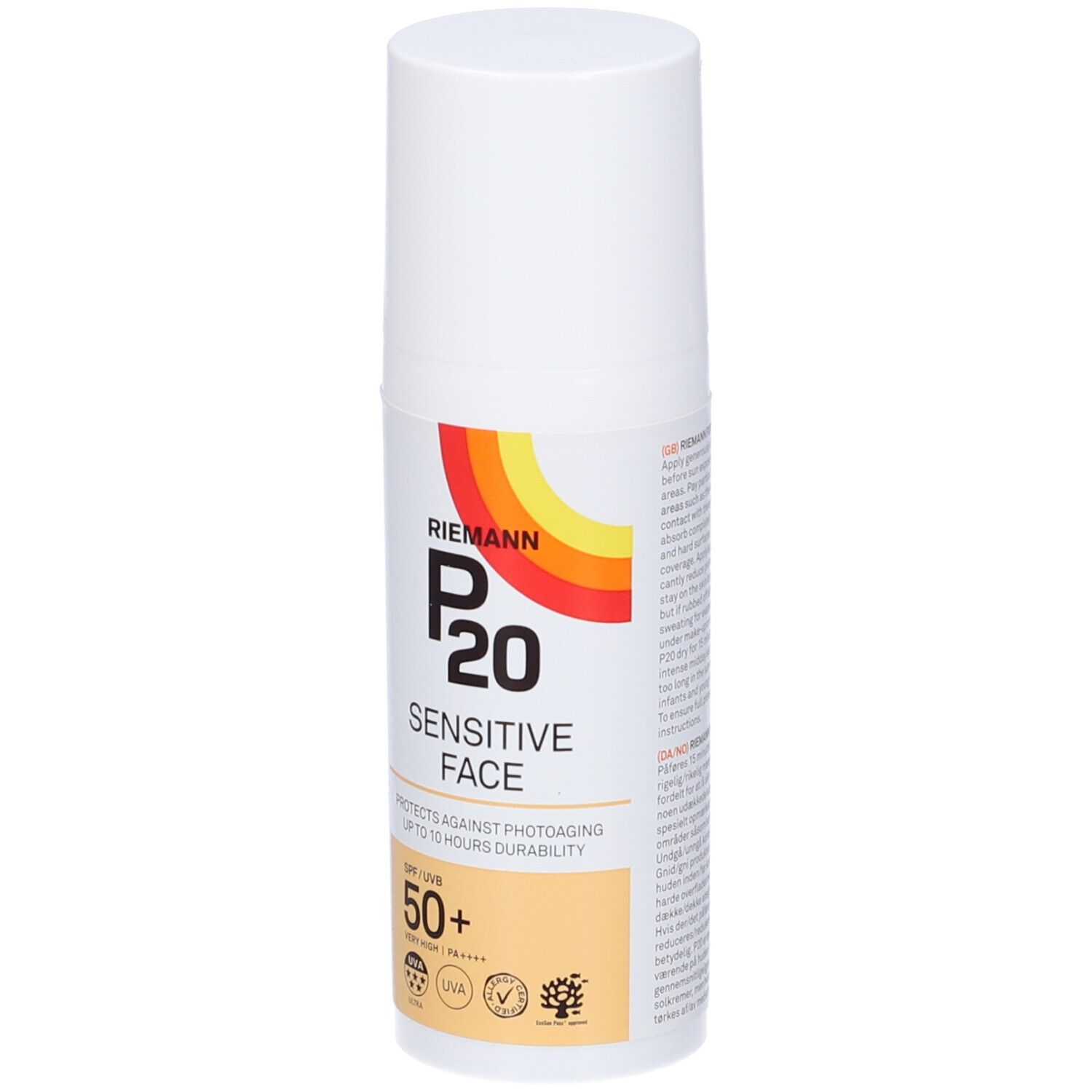 Weiße Flasche P20 Sensitive Face. SPF 50+. Farbiger Aufdruck. Sonnencreme.