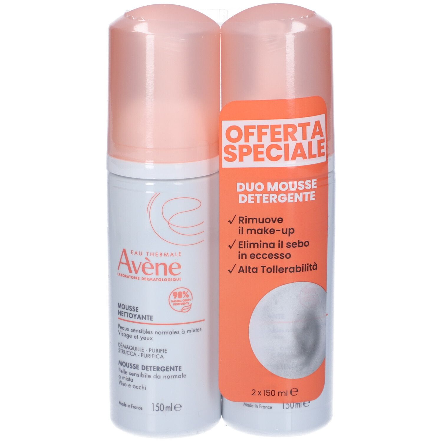 Due flaconi di mousse, tappi rosa, etichette bianche con testo. Scritta: Offerta Speciale, Duo Mousse Detergente.